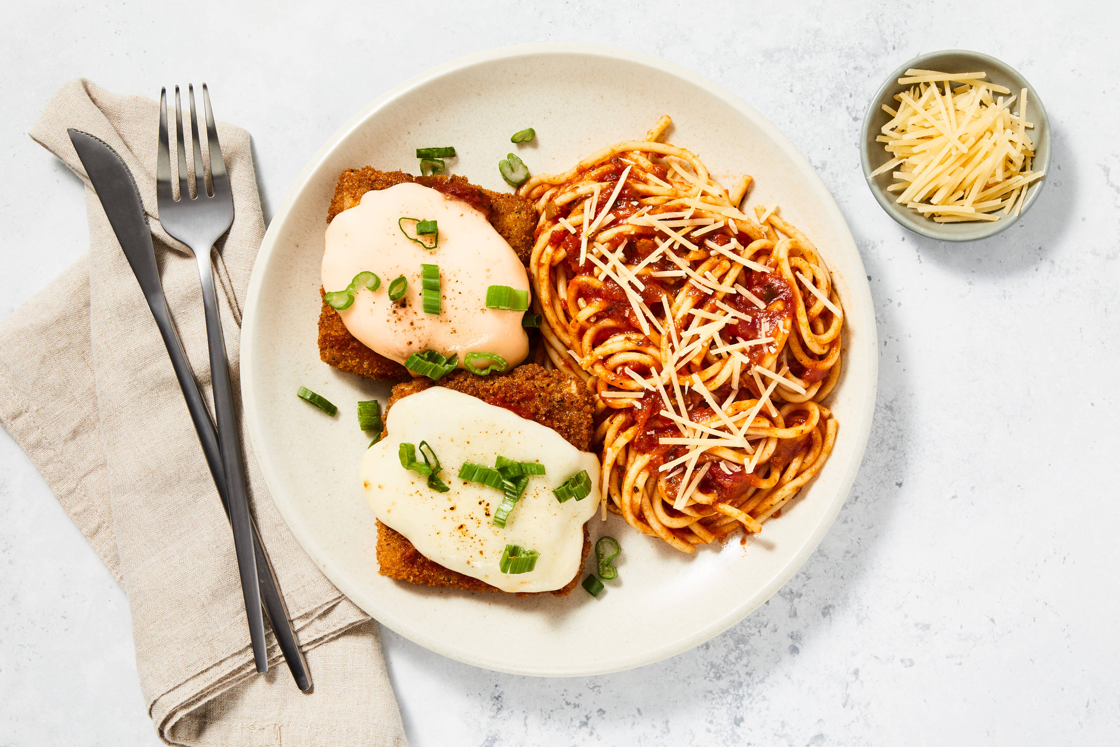 Crispy Tofu Parm With Spaghetti Marinara