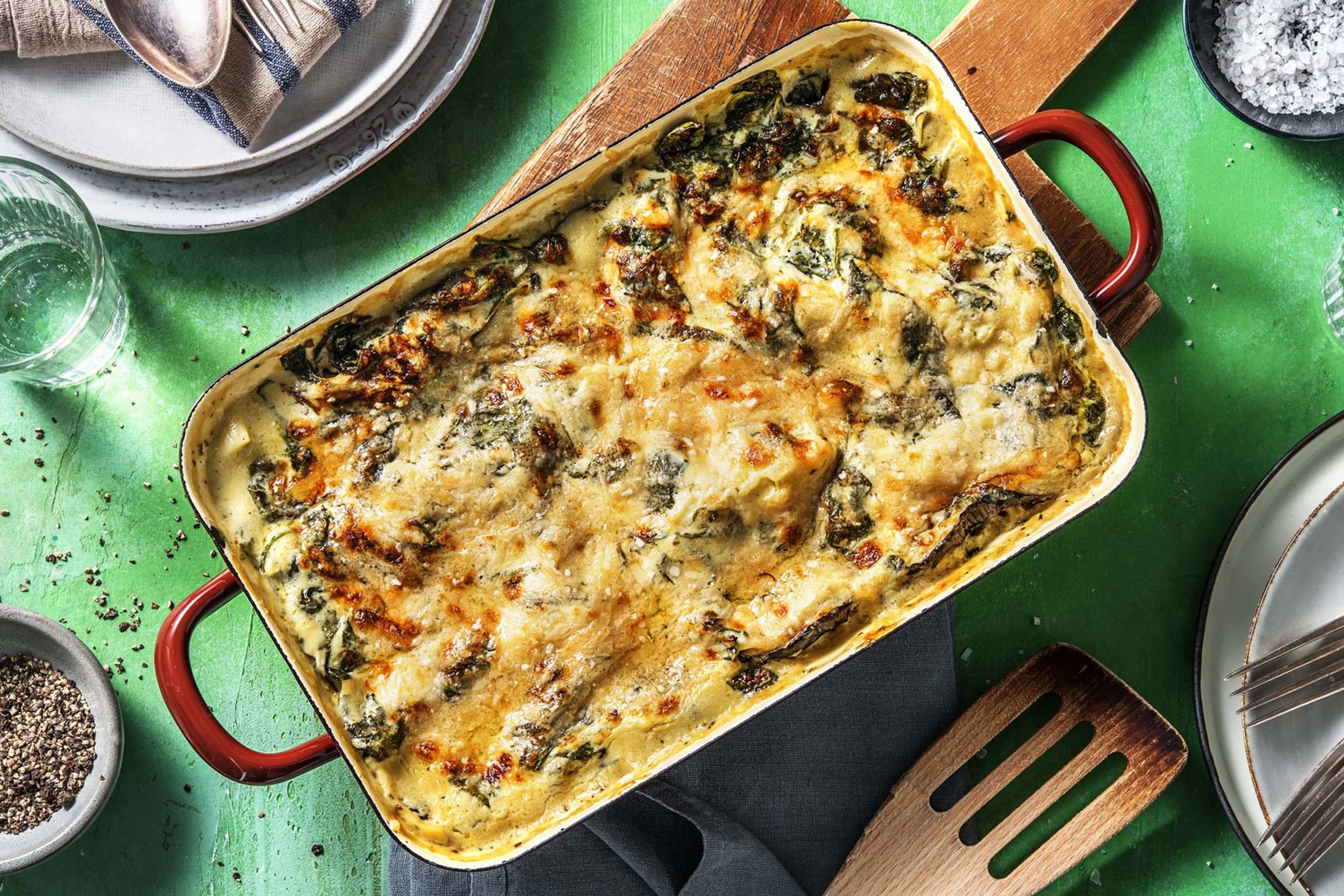 Veggie + Protein: Lasagne en sauce crémeuse et poulet haché en extra