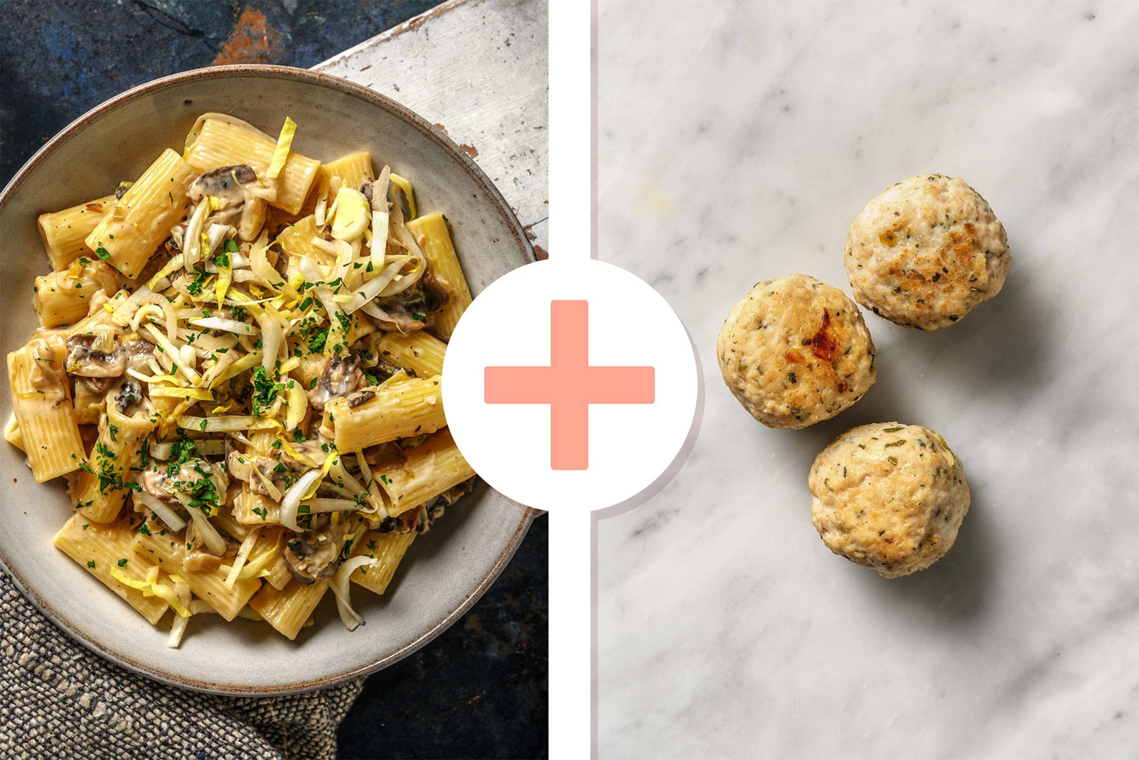 Veggie + Protein - Penne in paddenstoelenroomsaus met kipgehaktballetjes als extra