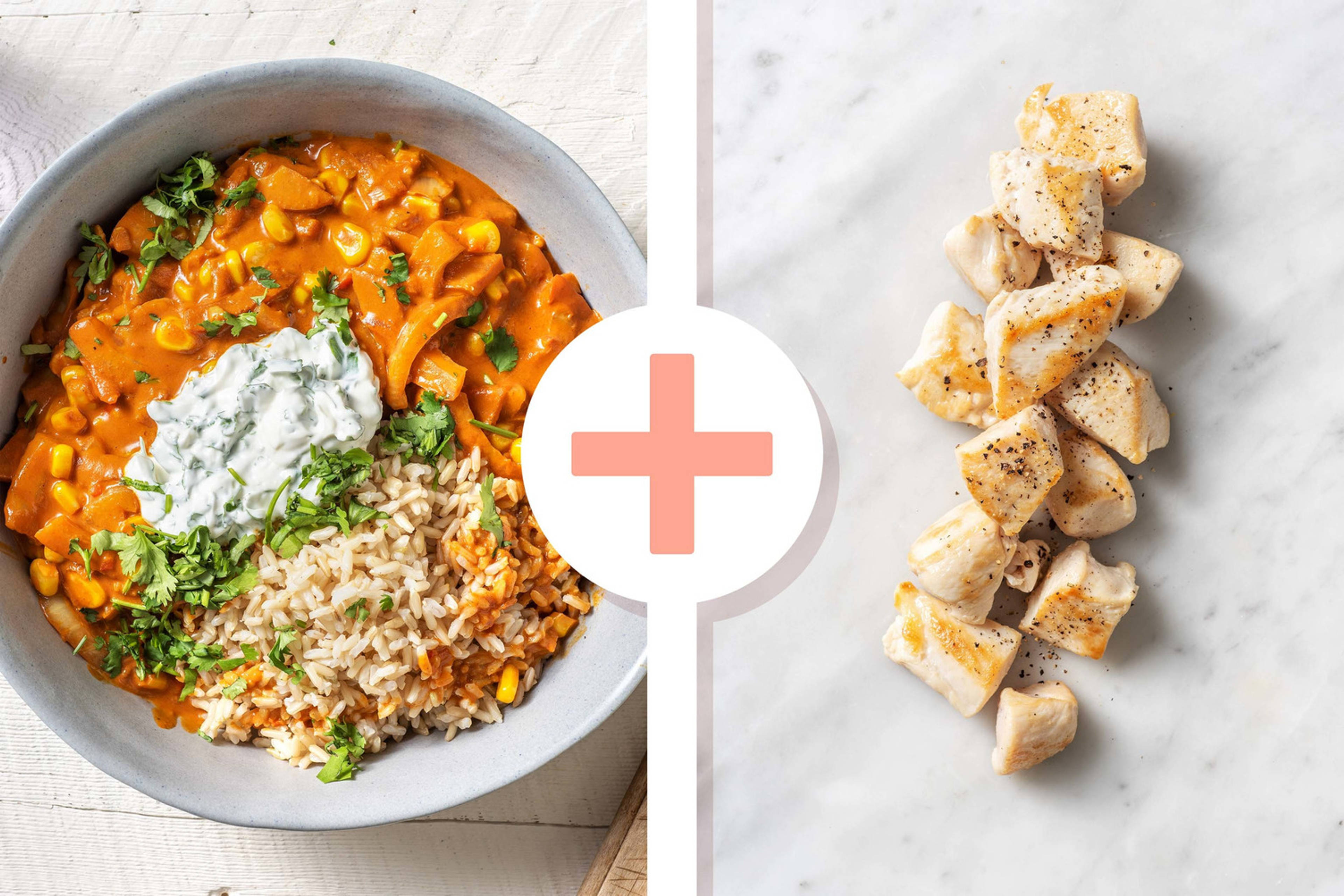Veggie + protein - Curry à l'indienne au fenouil et au maïs avec un filet de poulet en extra