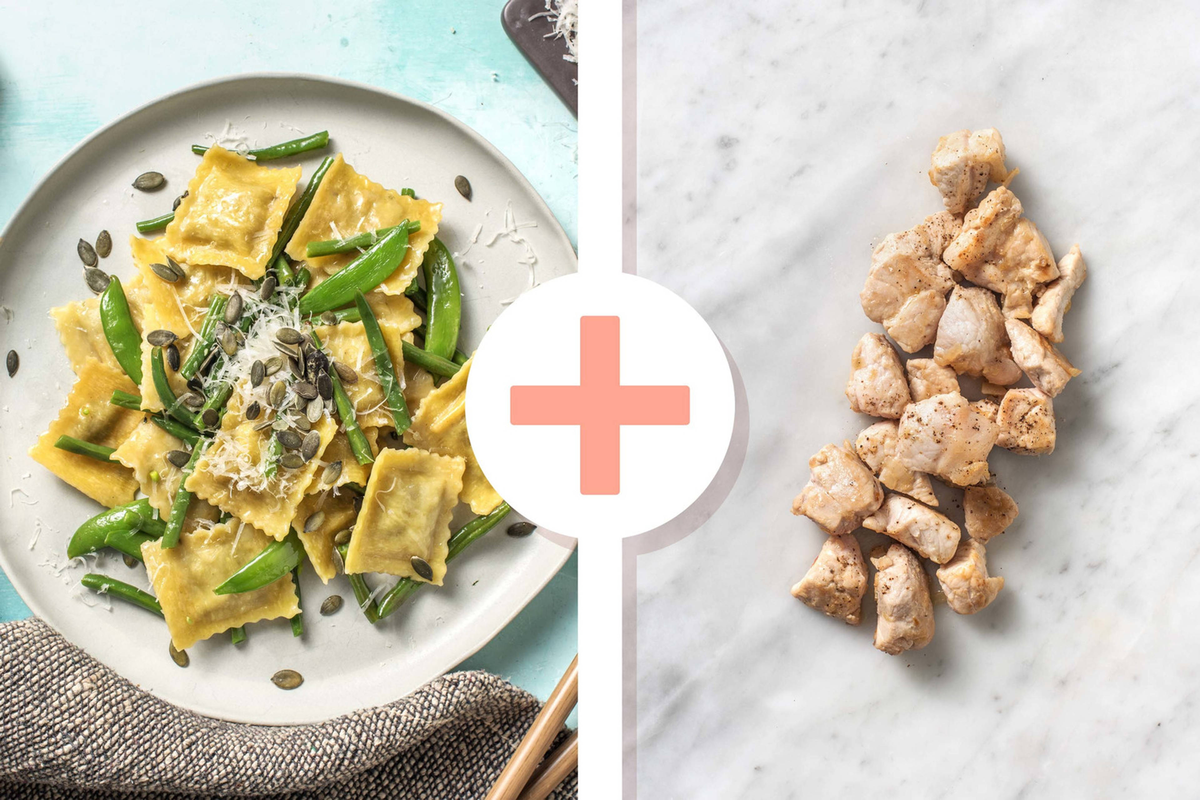 Veggie + protein - Ravioli met varkenshaaspuntjes als extra