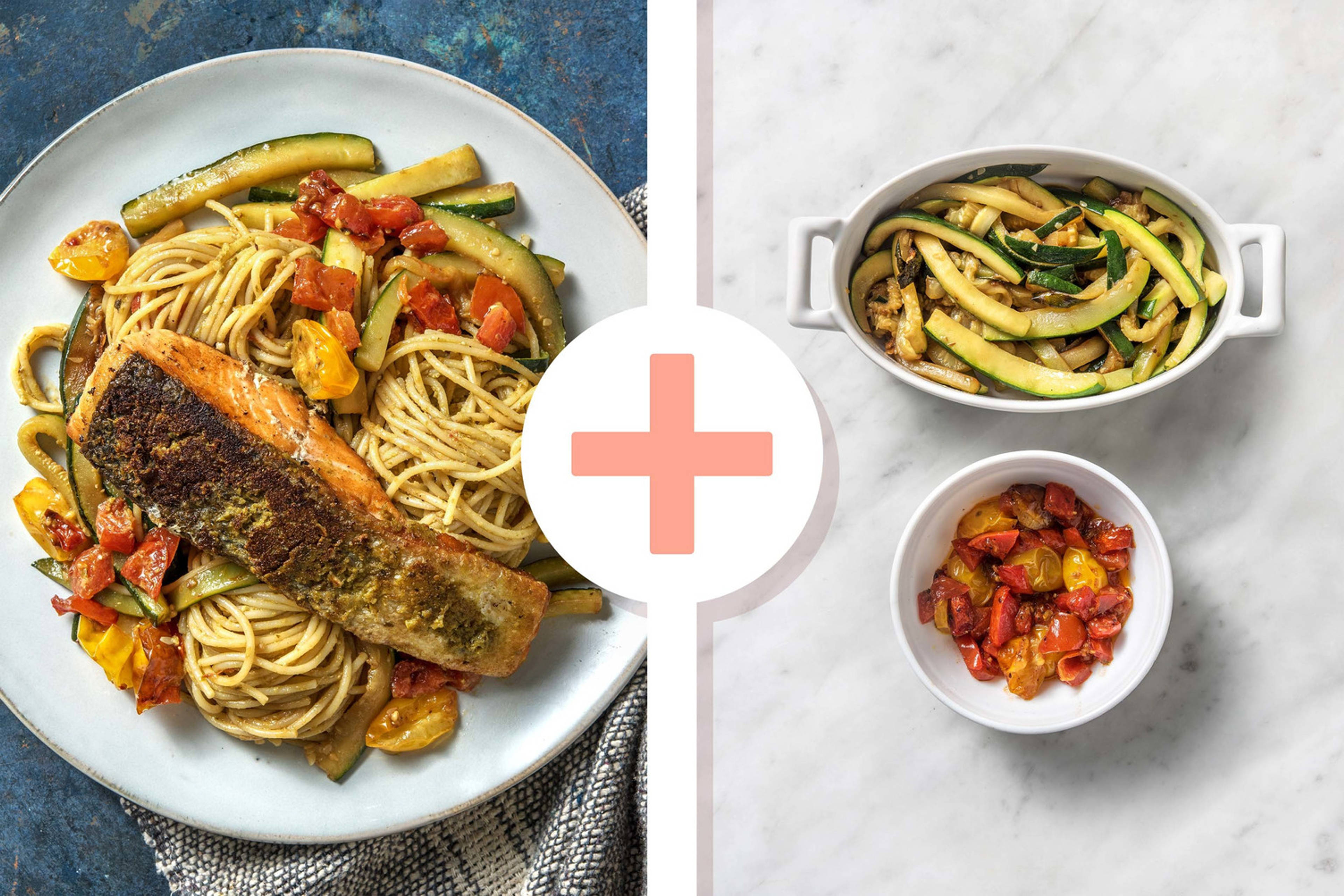 Double veggie - Filet de saumon et spaghetti au pesto