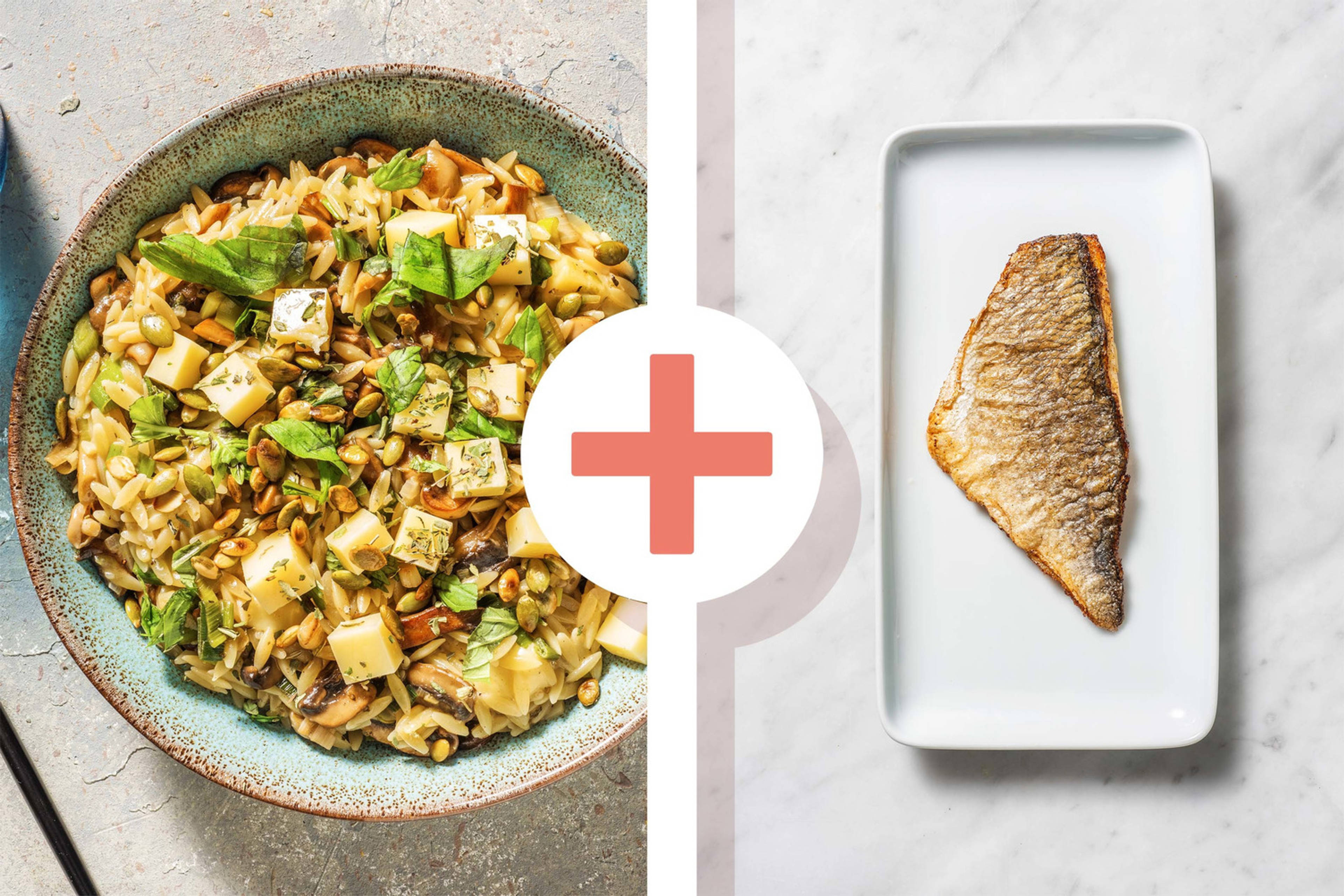 Veggie + protein - Paddenstoelenrisotto van orzo met doradefilet als extra
