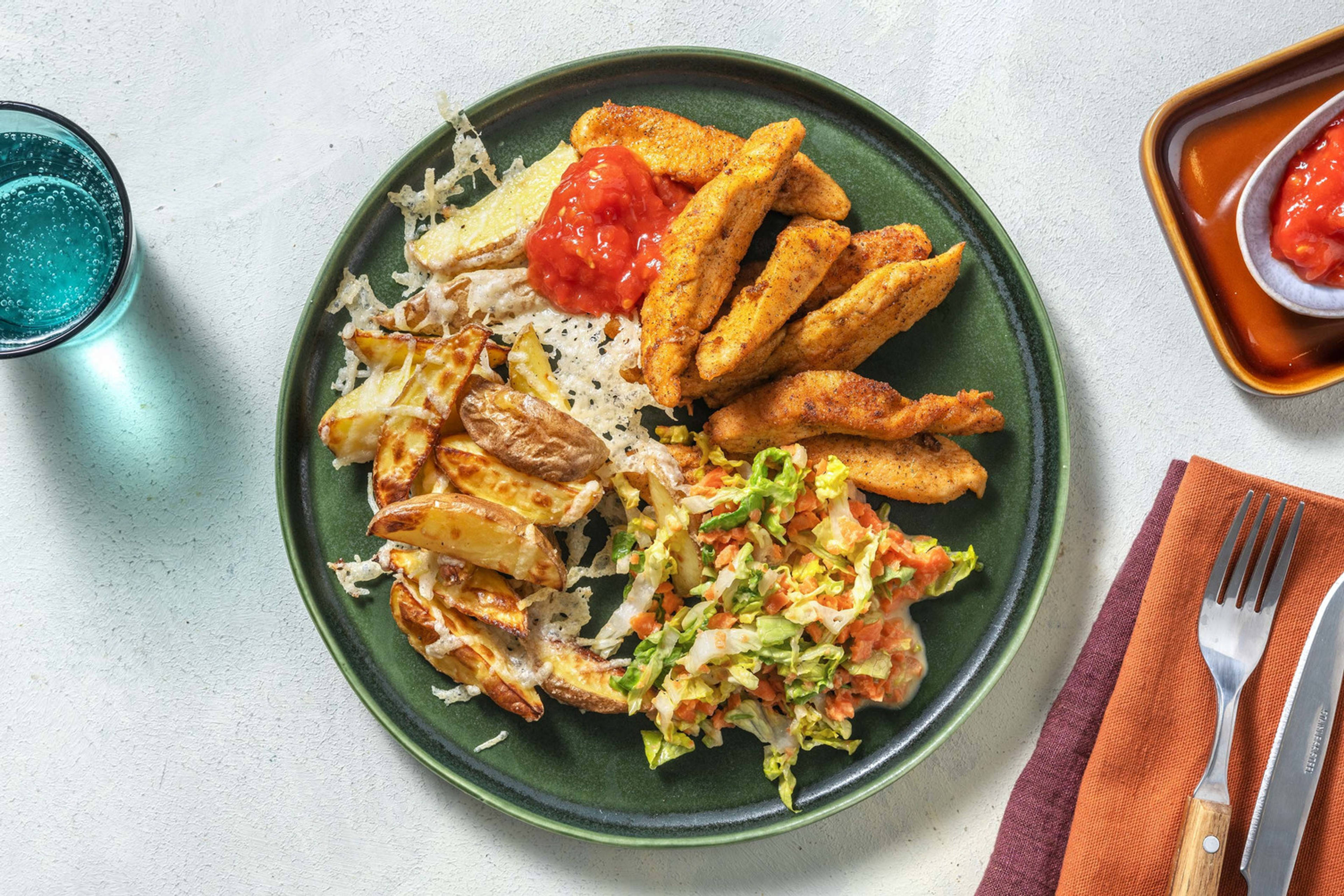 Würzige Hähnchenstrips mit Karotten-Slaw