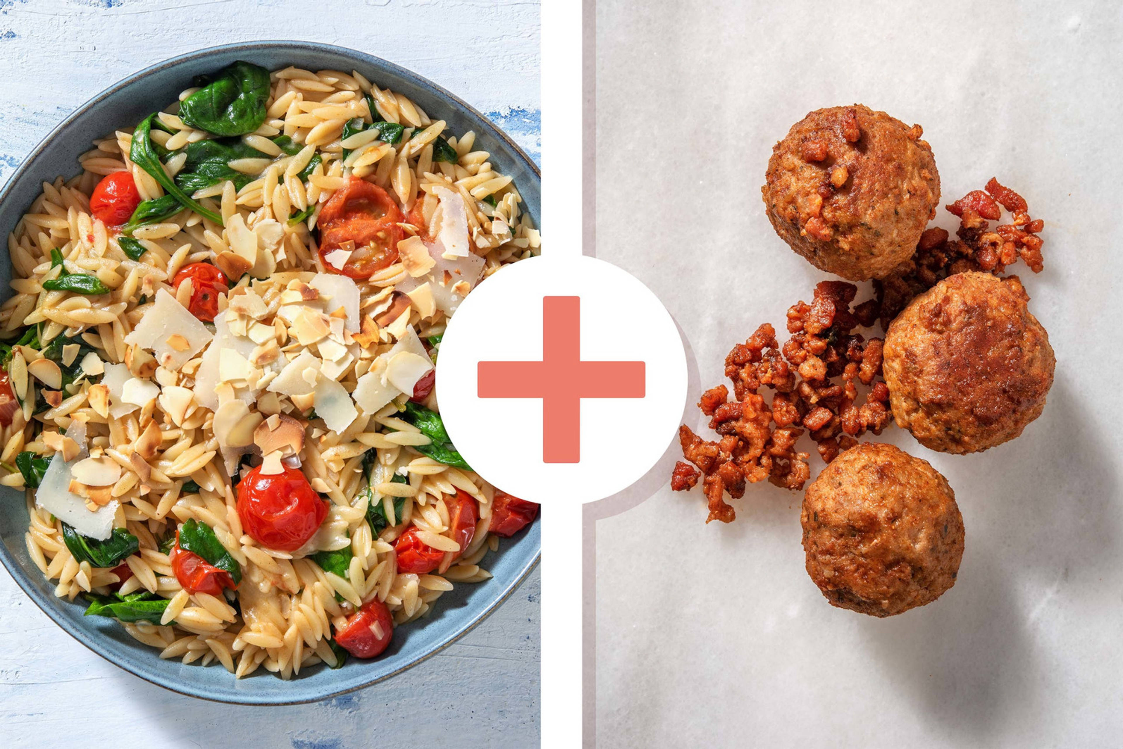 Veggie + protein - Orzo met gehaktballetjes en spekjes als extra