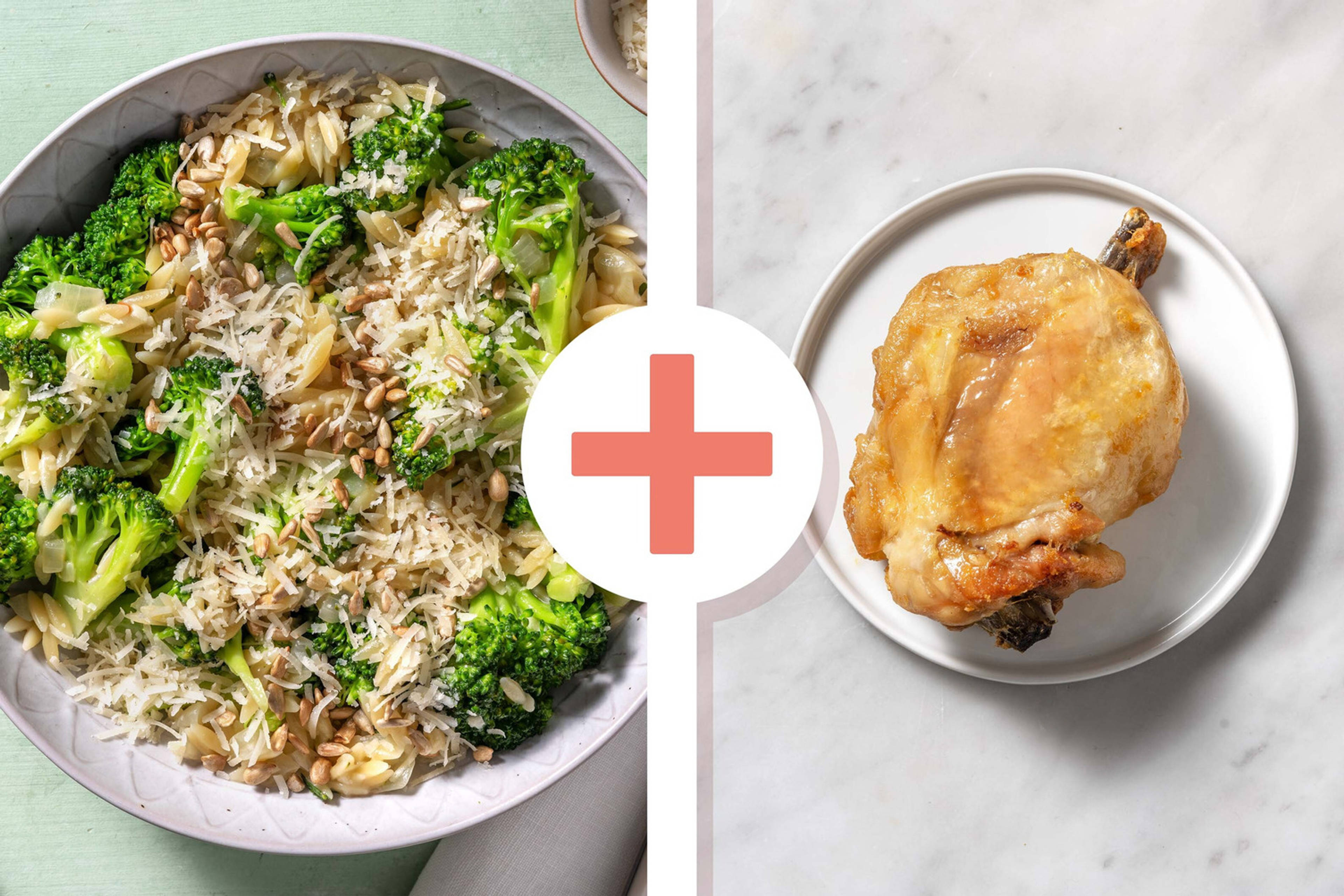 Veggie + protein - Orzo et cuisse de poulet confite en extra