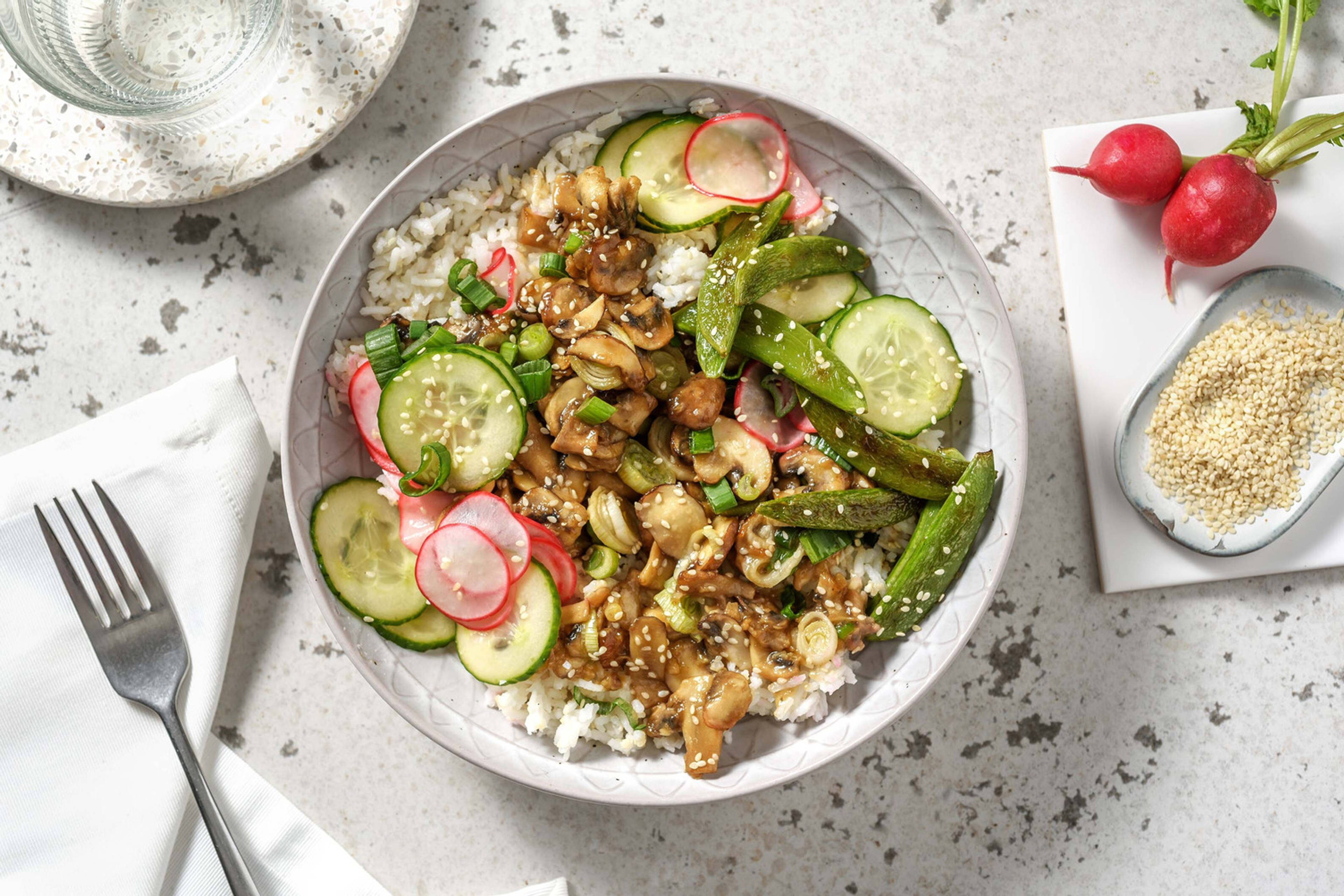 Double veggie - Rijstbowl met sticky paddenstoelen