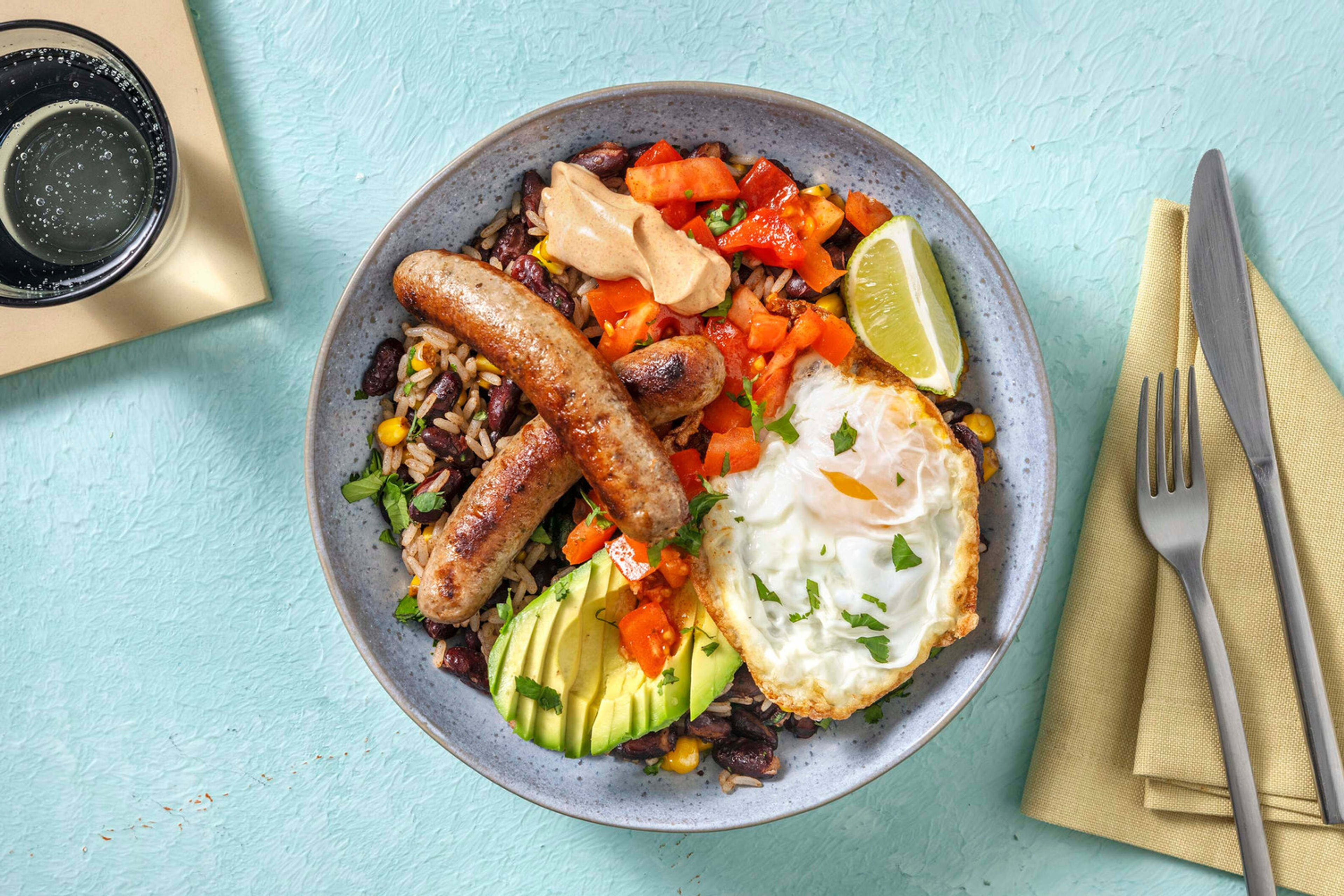 Veggie + Protein - Bol de riz et saucisses de porc en extra