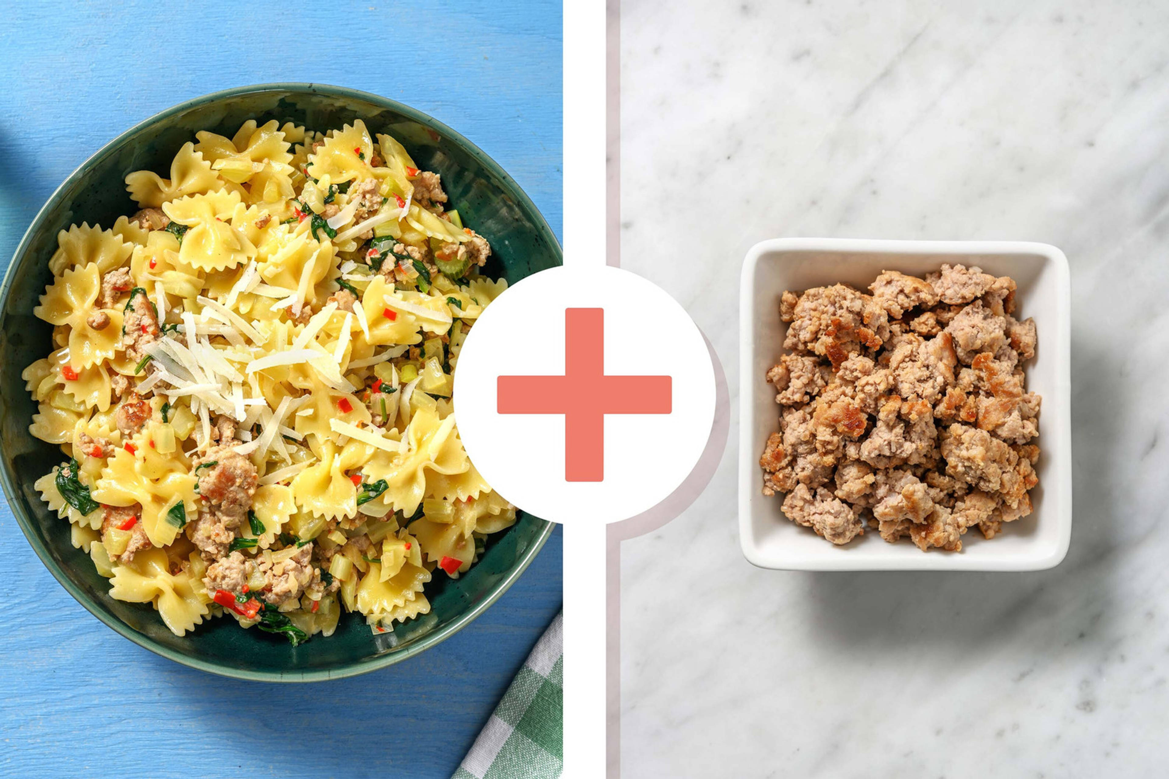 Double protein - Romige farfalle met dubbele portie gekruid kipgehakt