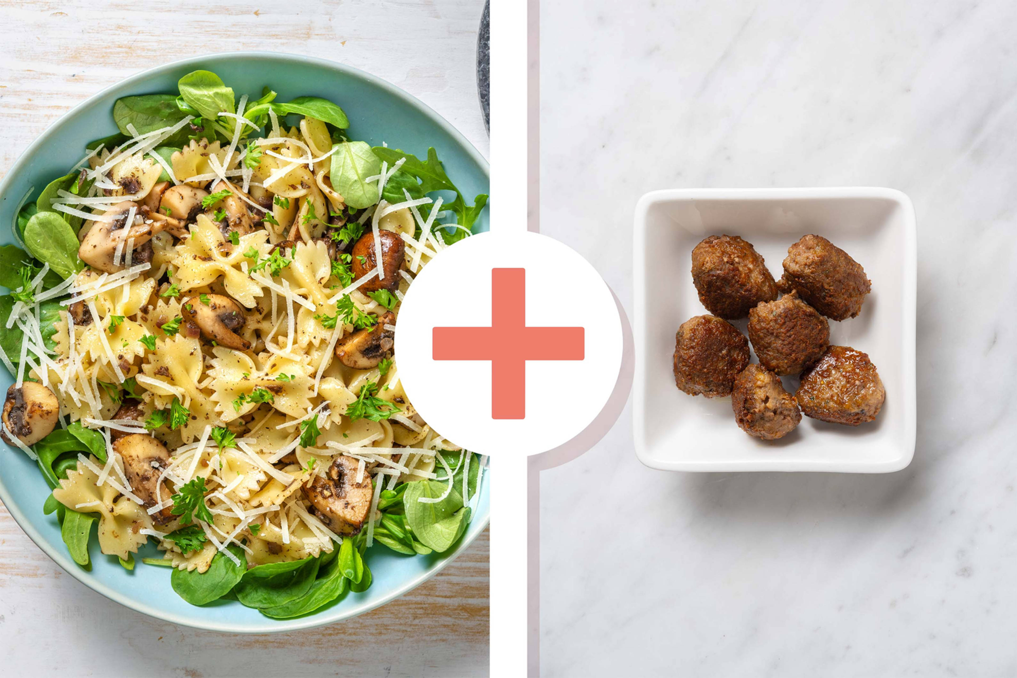 Veggie + protein - Farfalle met gekruide rundergehaktballetjes als extra