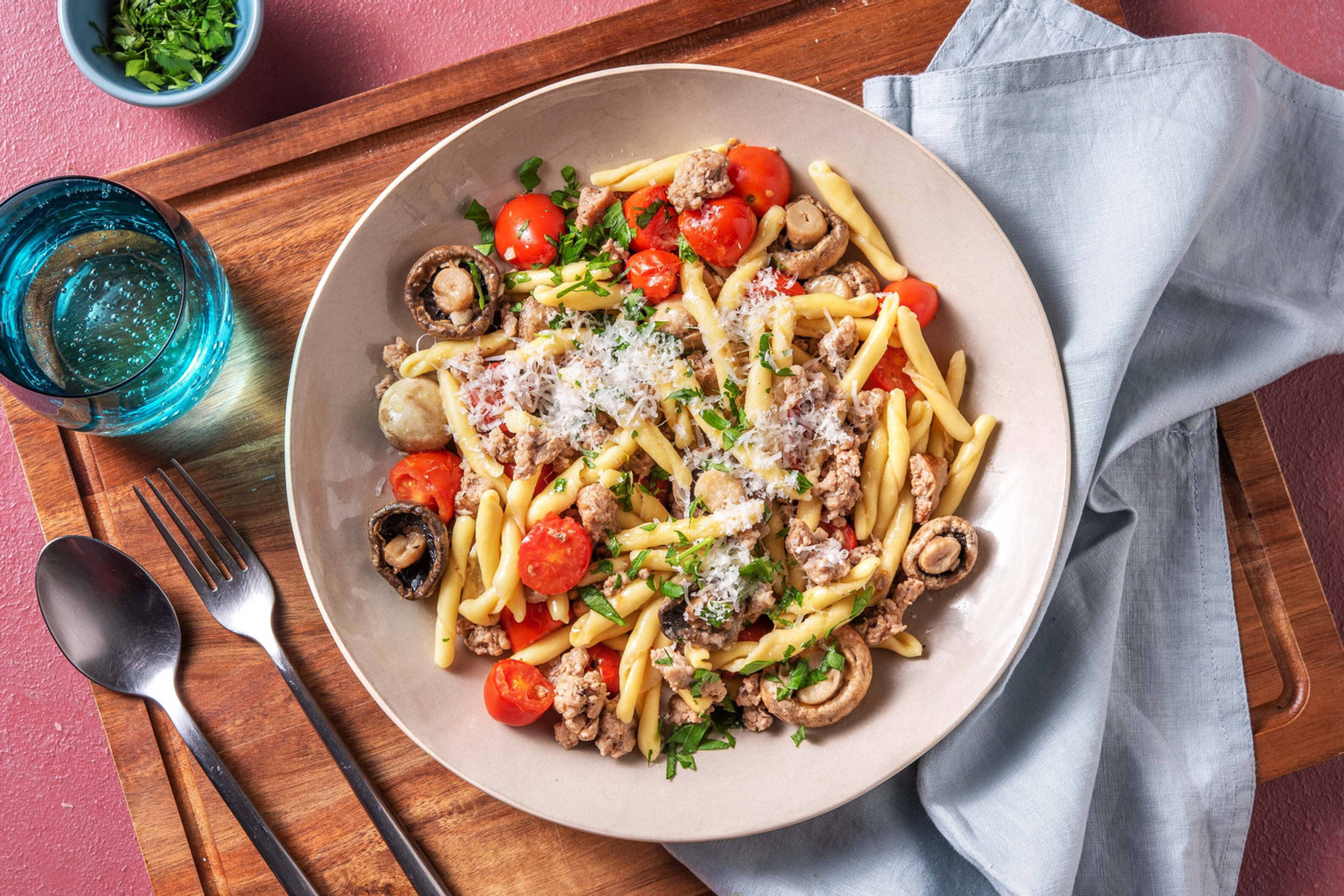 Strozzapreti al ragù di carne e champignon