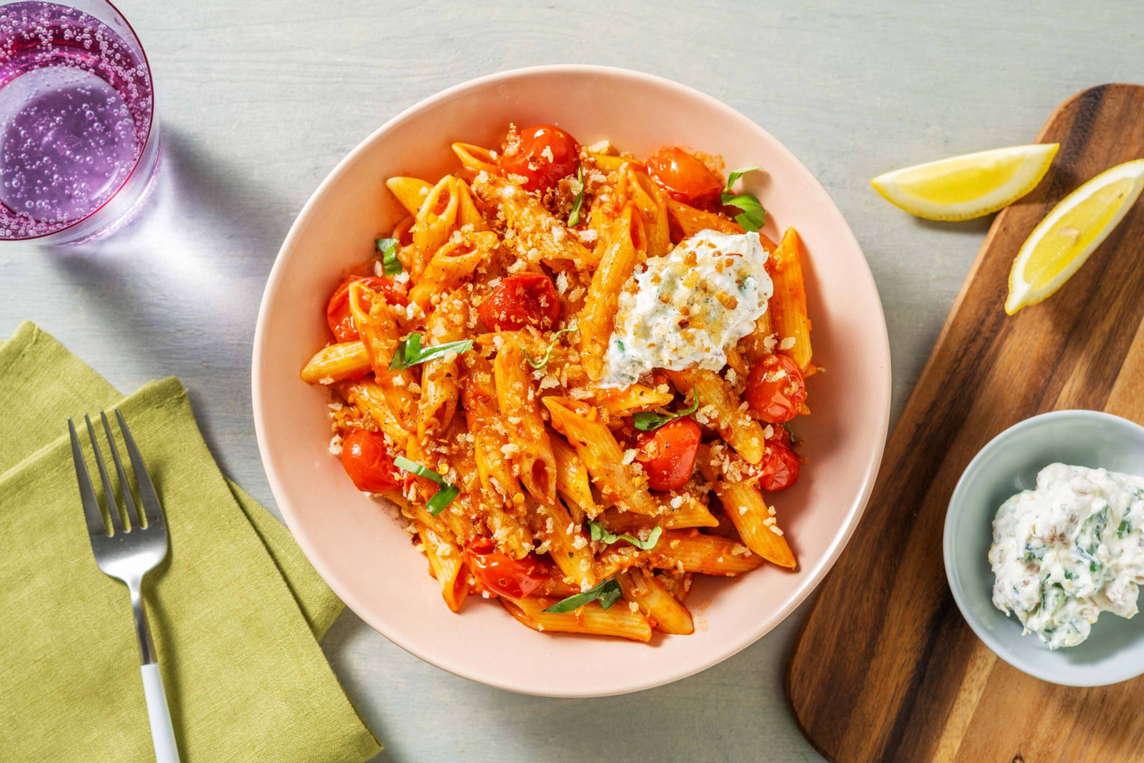 Penne al sugo di pomodorini ciliegini e ricotta 