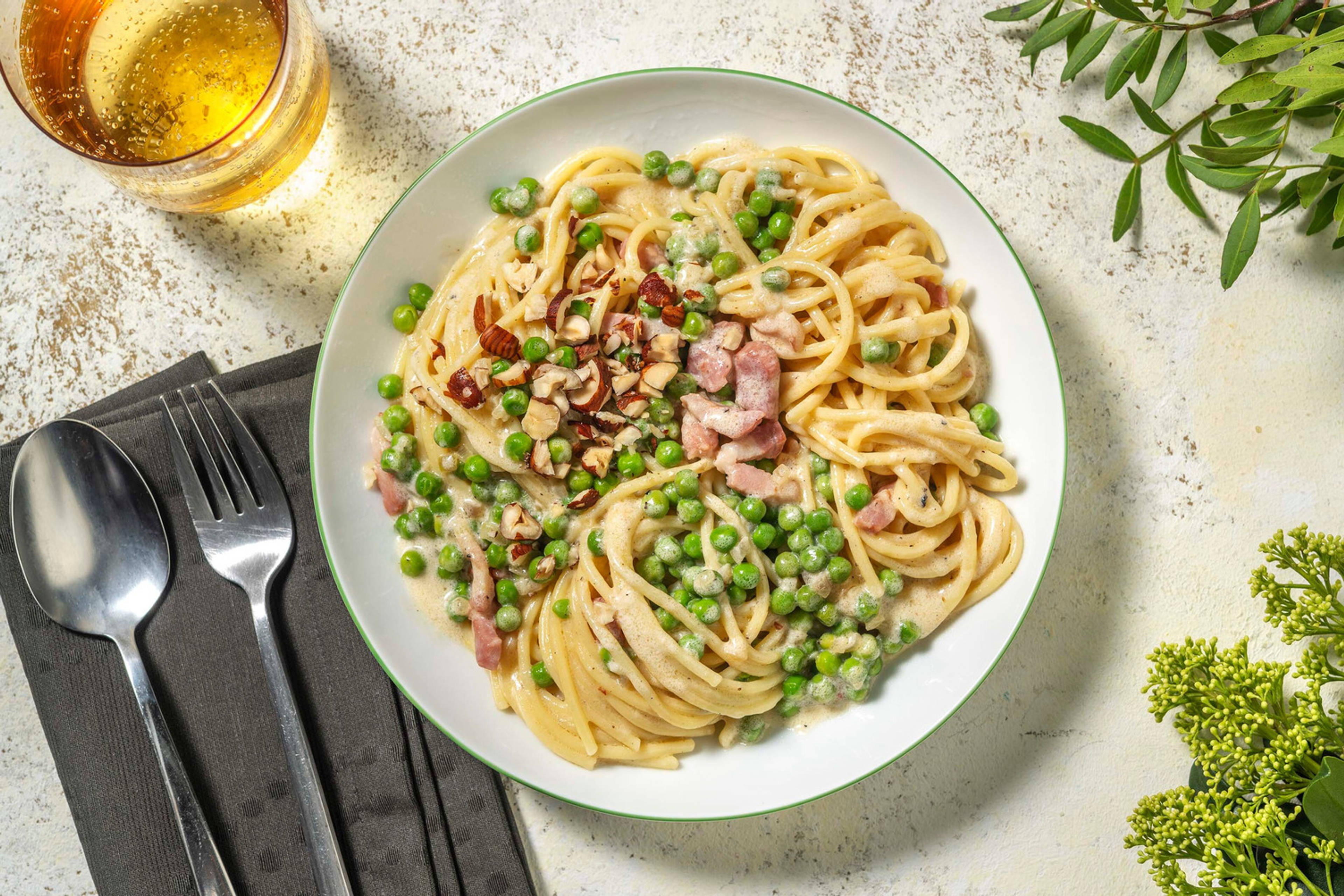 Creamy Truffled Bacon and Pea Spaghetti
