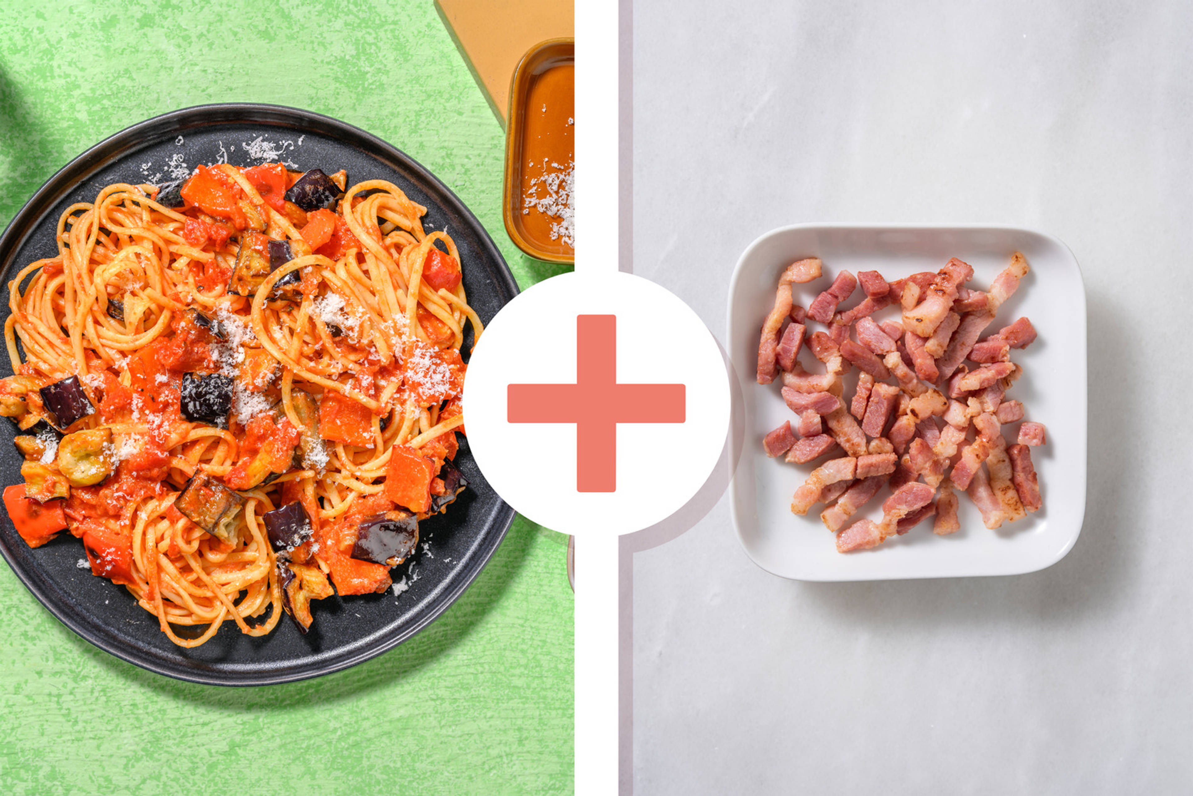 Roasted Pepper, Aubergine and Bacon Linguine