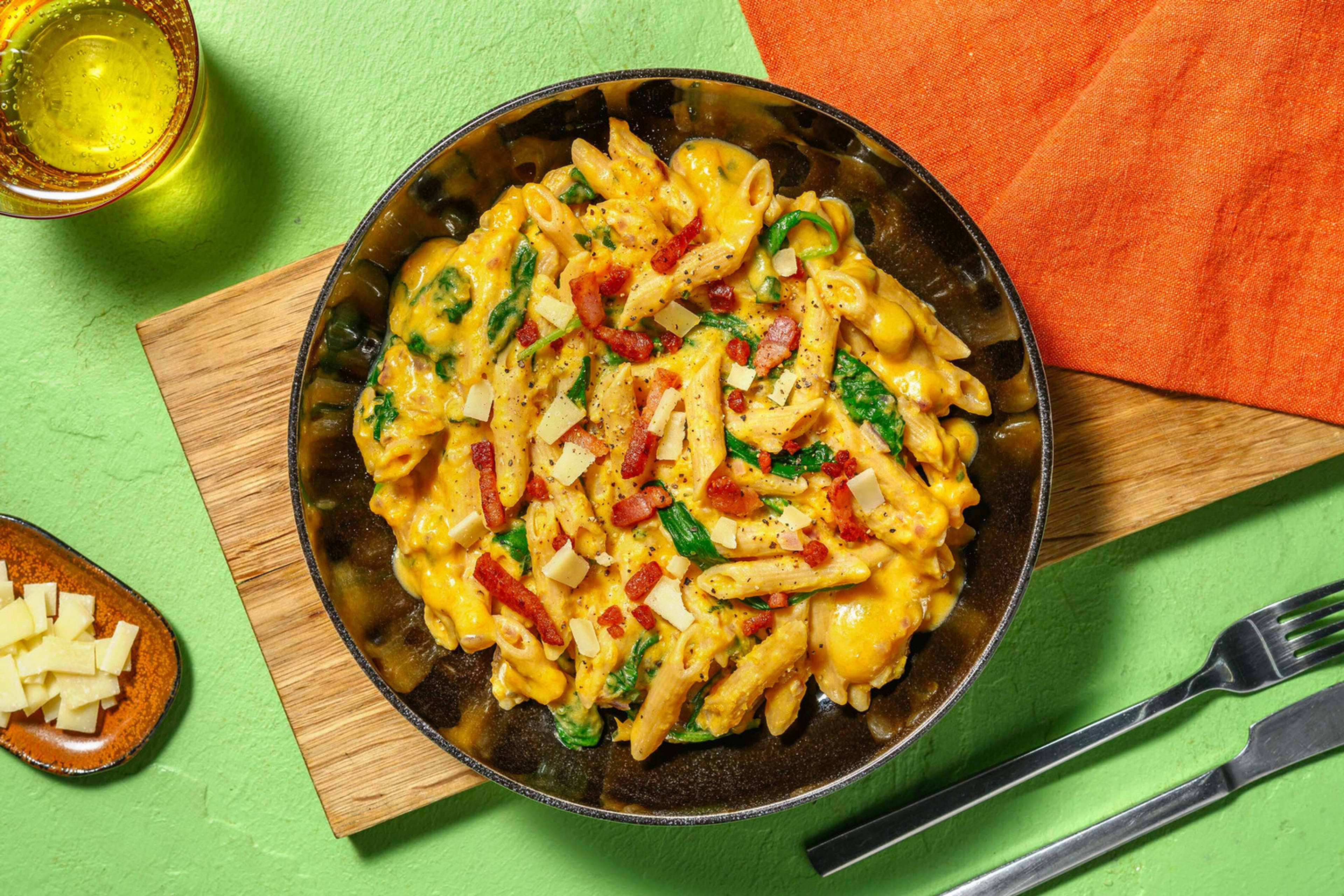 Penne en sauce crémeuse à la courge et lardons