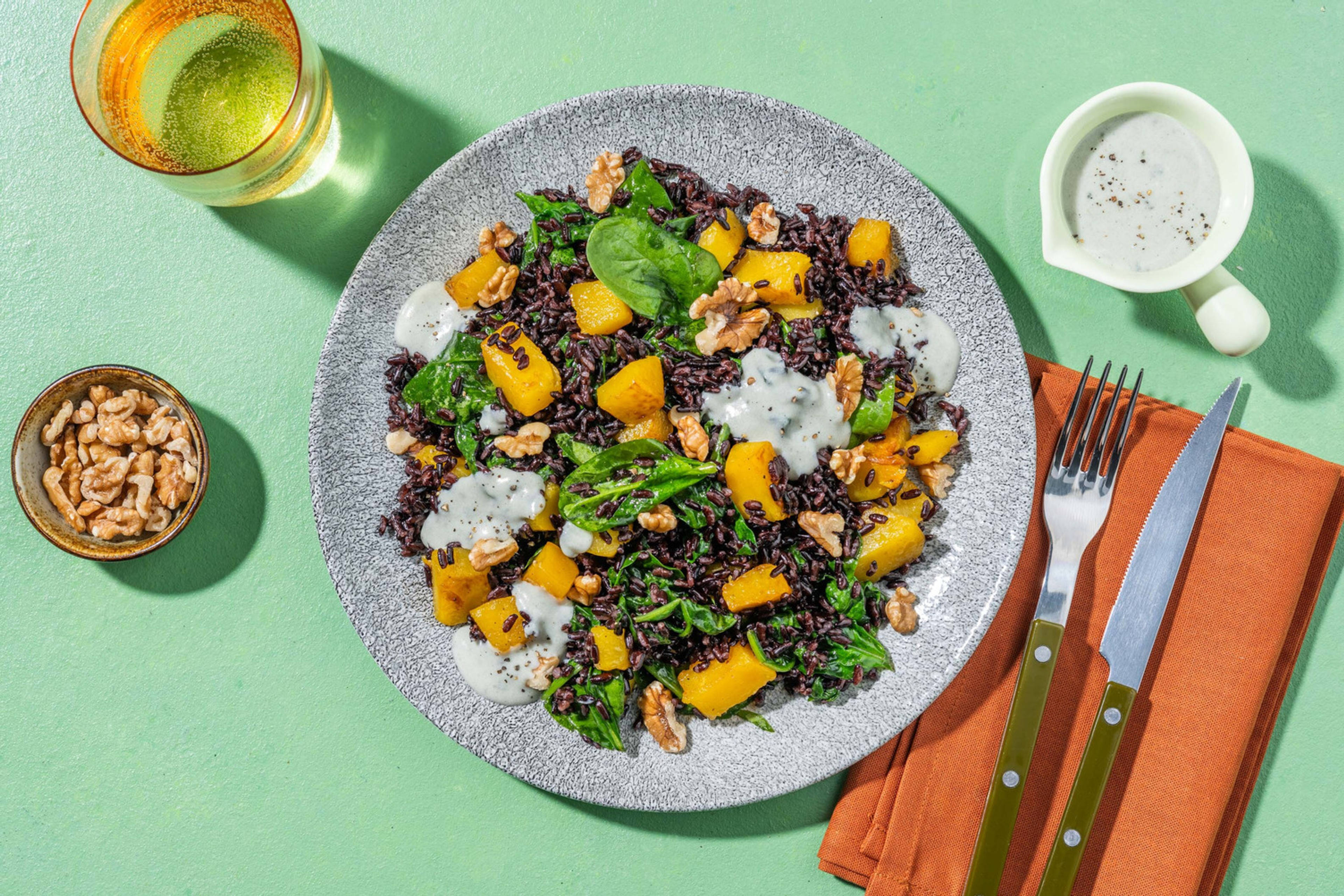 Riso nero, gocce di gorgonzola e zucca