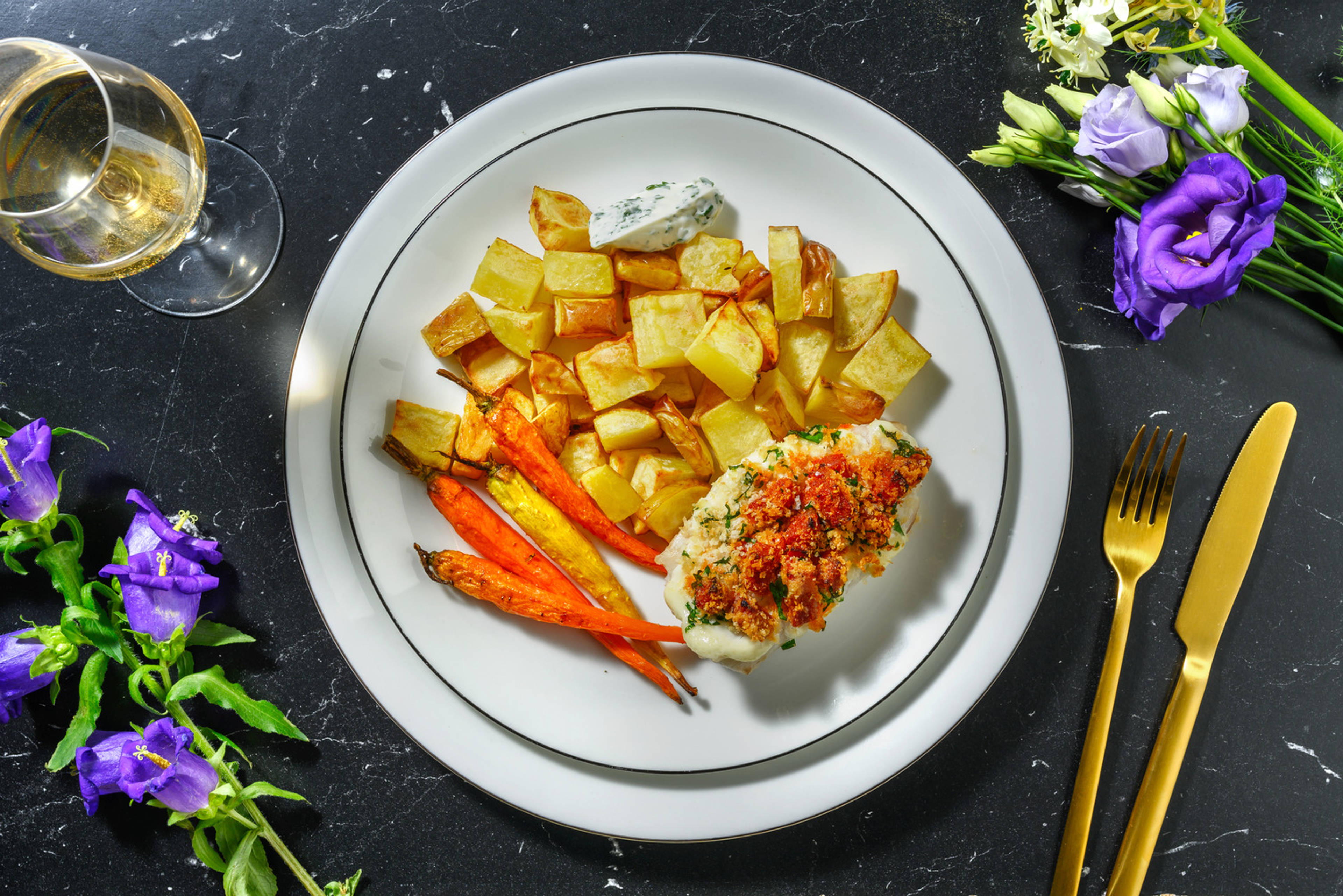 Bacalao con costra crujiente de panko y chorizo