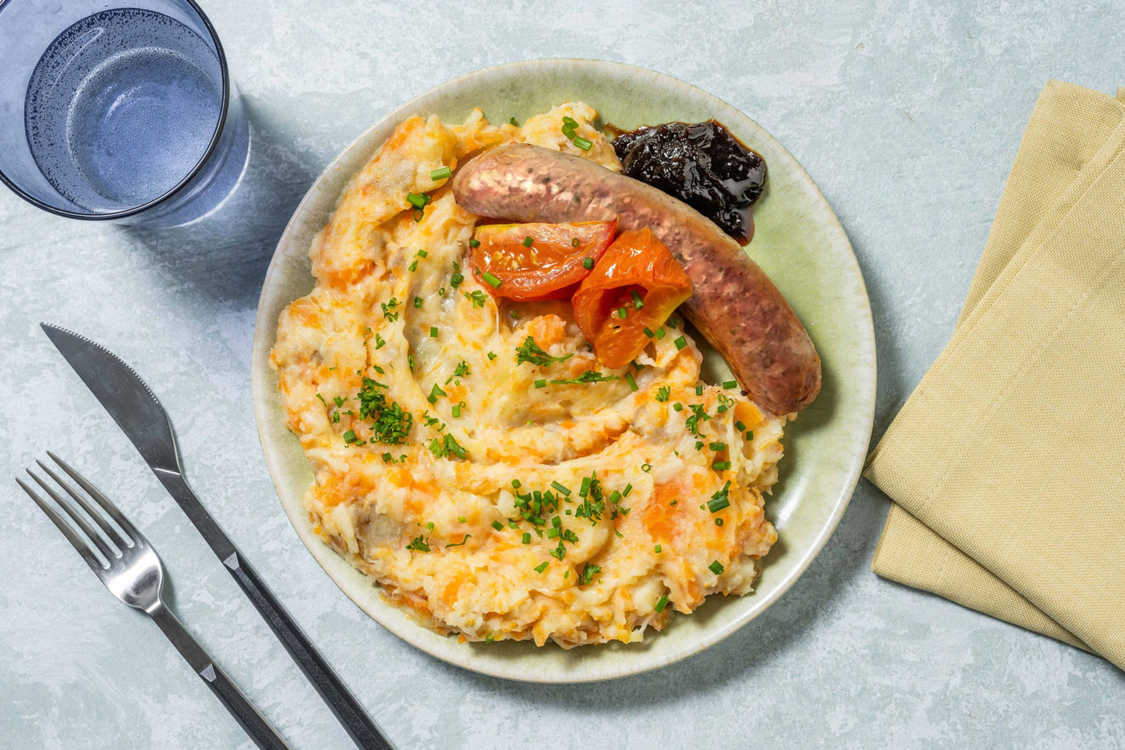 Saucisse de porc et stoemp au panais et à la carotte