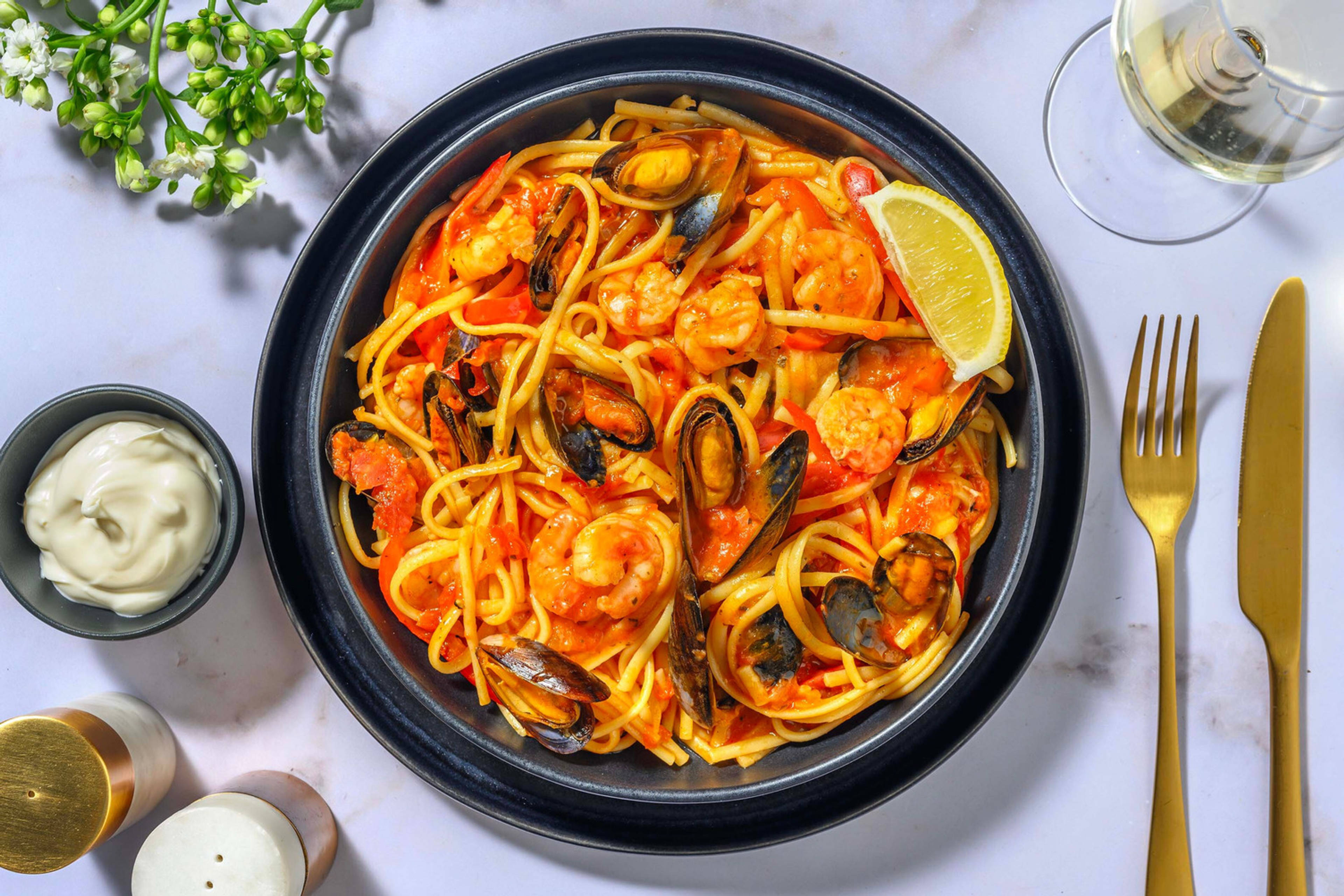 Spaanse linguine met mosselen en garnalen