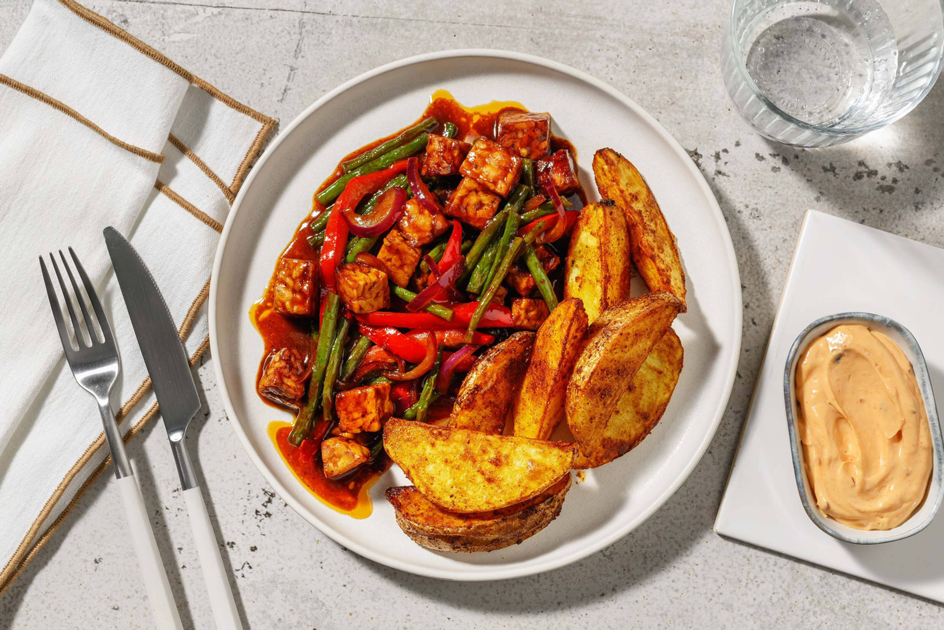 Stir-fry met tempeh en pittige ketjapsaus