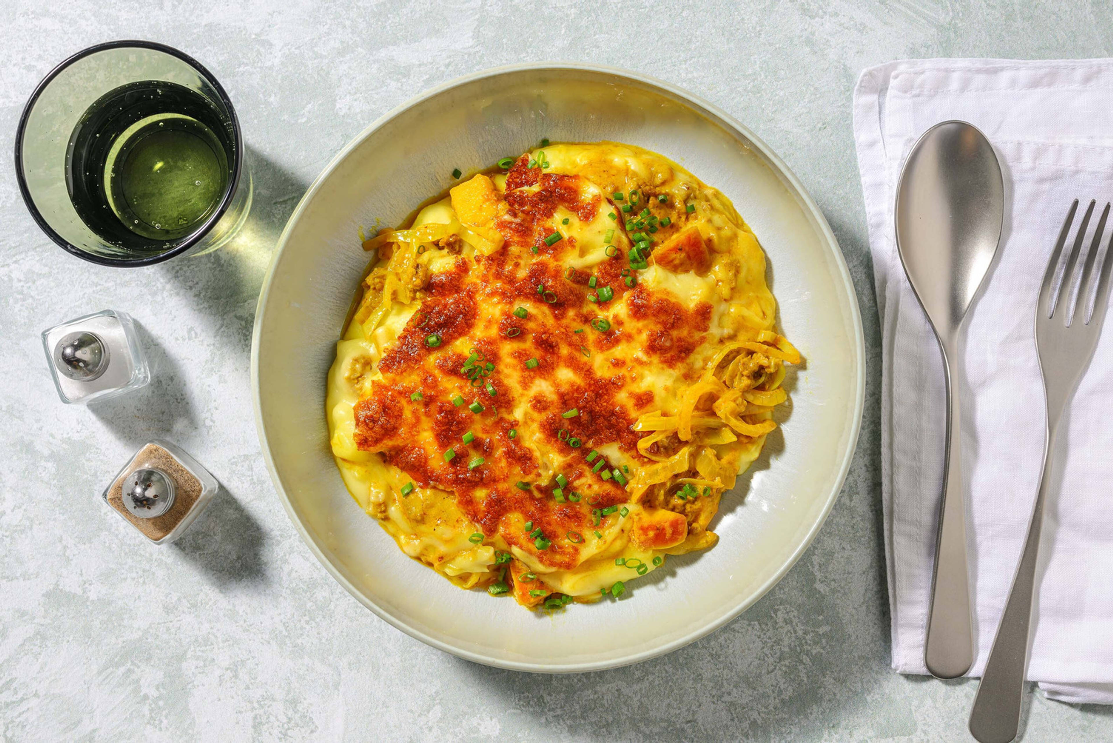 Cheesy Curry Cottage Pie with Chives