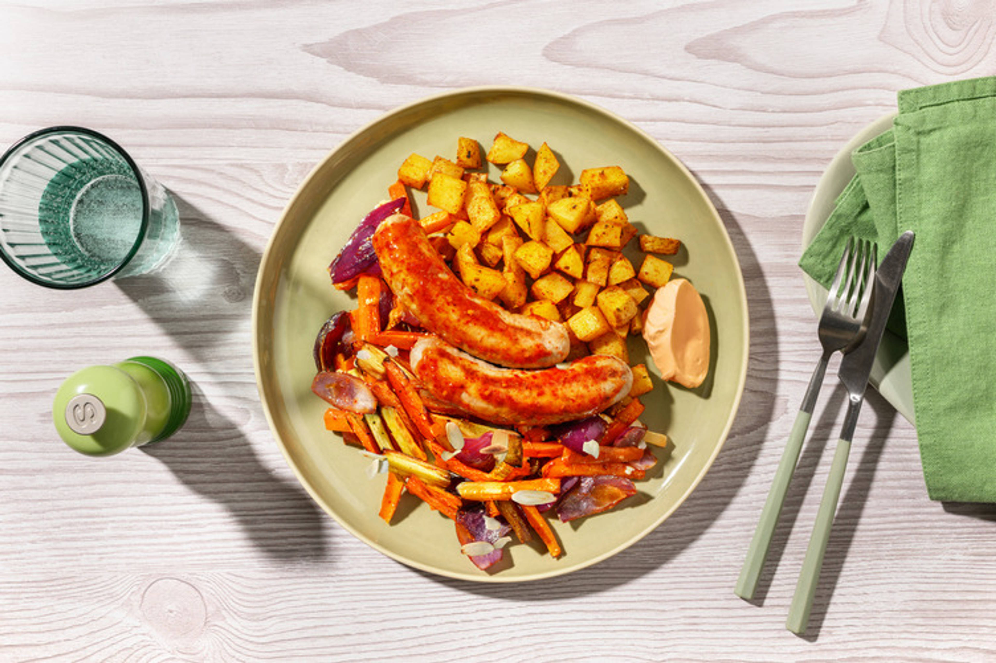 Honey Harissa Veg and Sausage Traybake