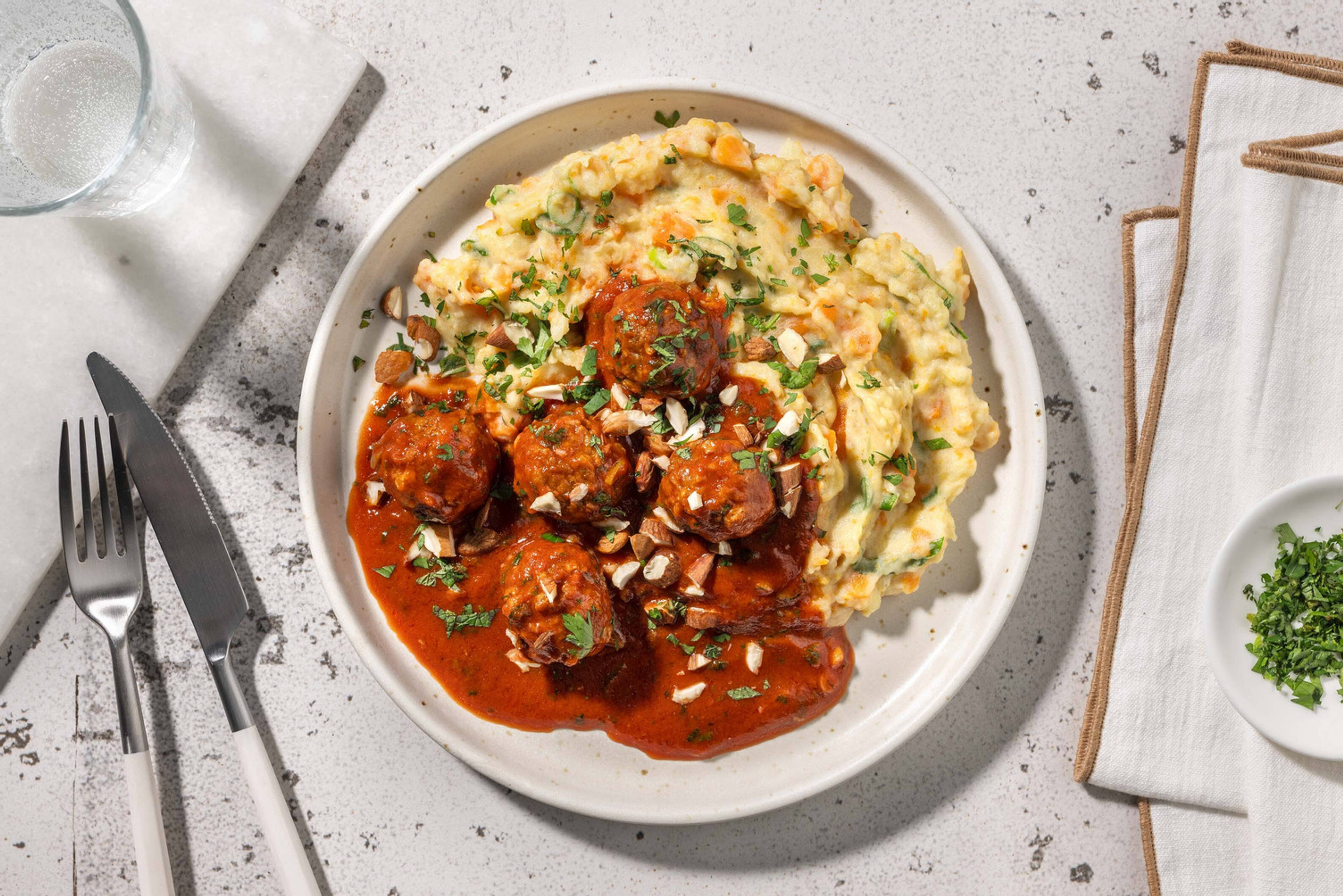 Veggie Meatballs with Ras El Hanout Mash