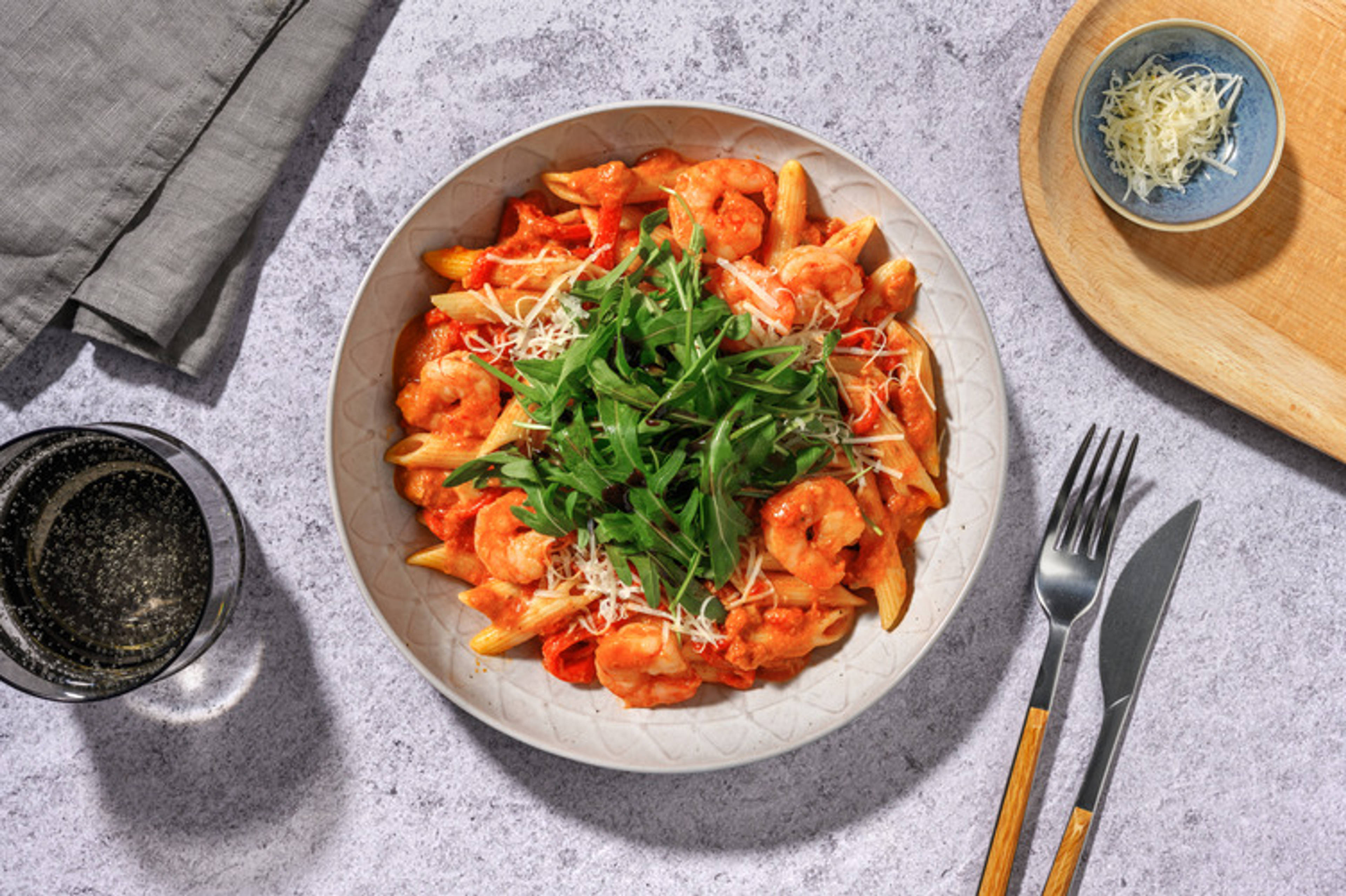 Penne aux crevettes & poivron mariné