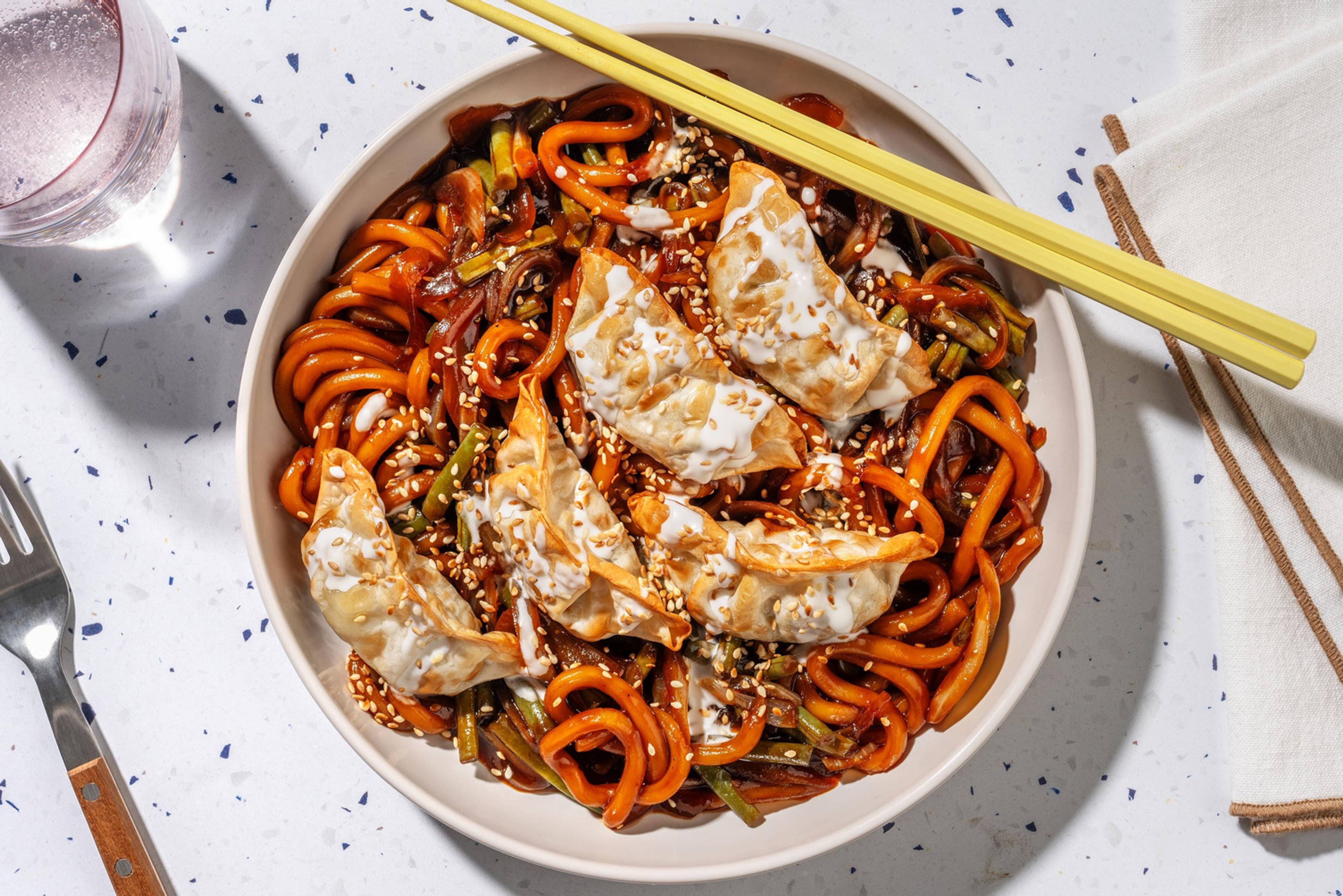 Sriracha-Sesame Veg Gyozas and Noodles