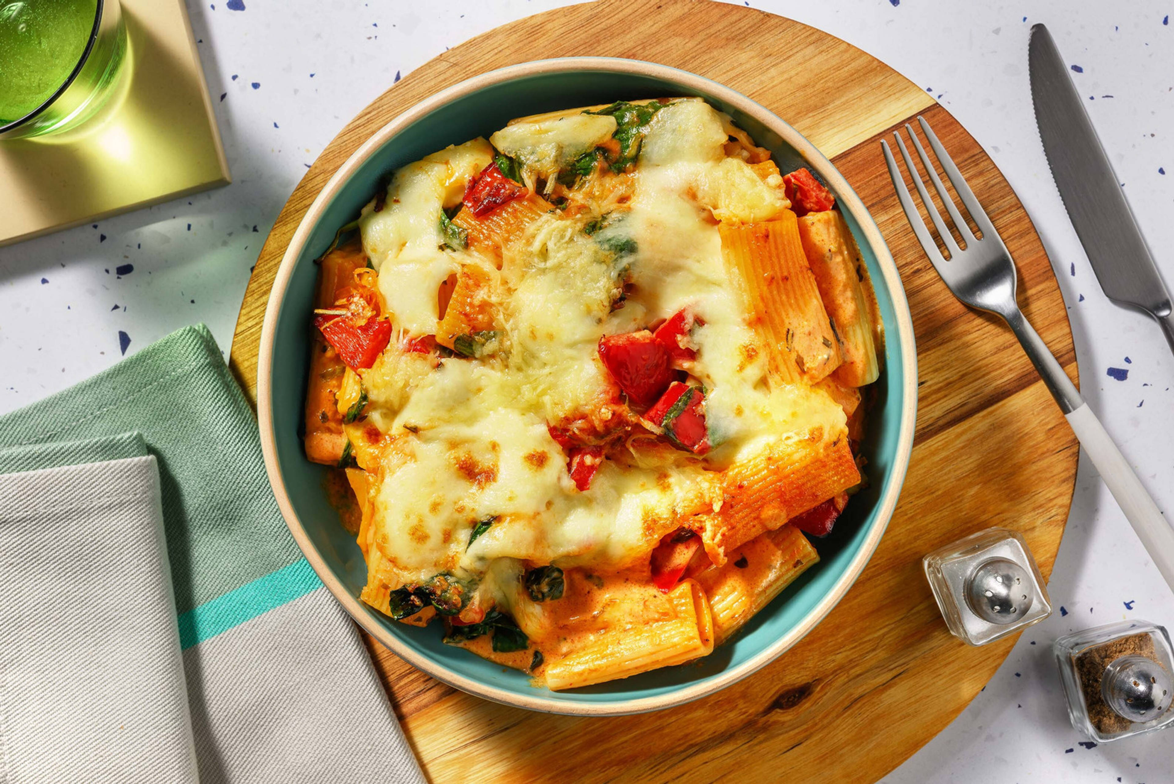 Double Cheese Harissa Chicken Pasta Bake
