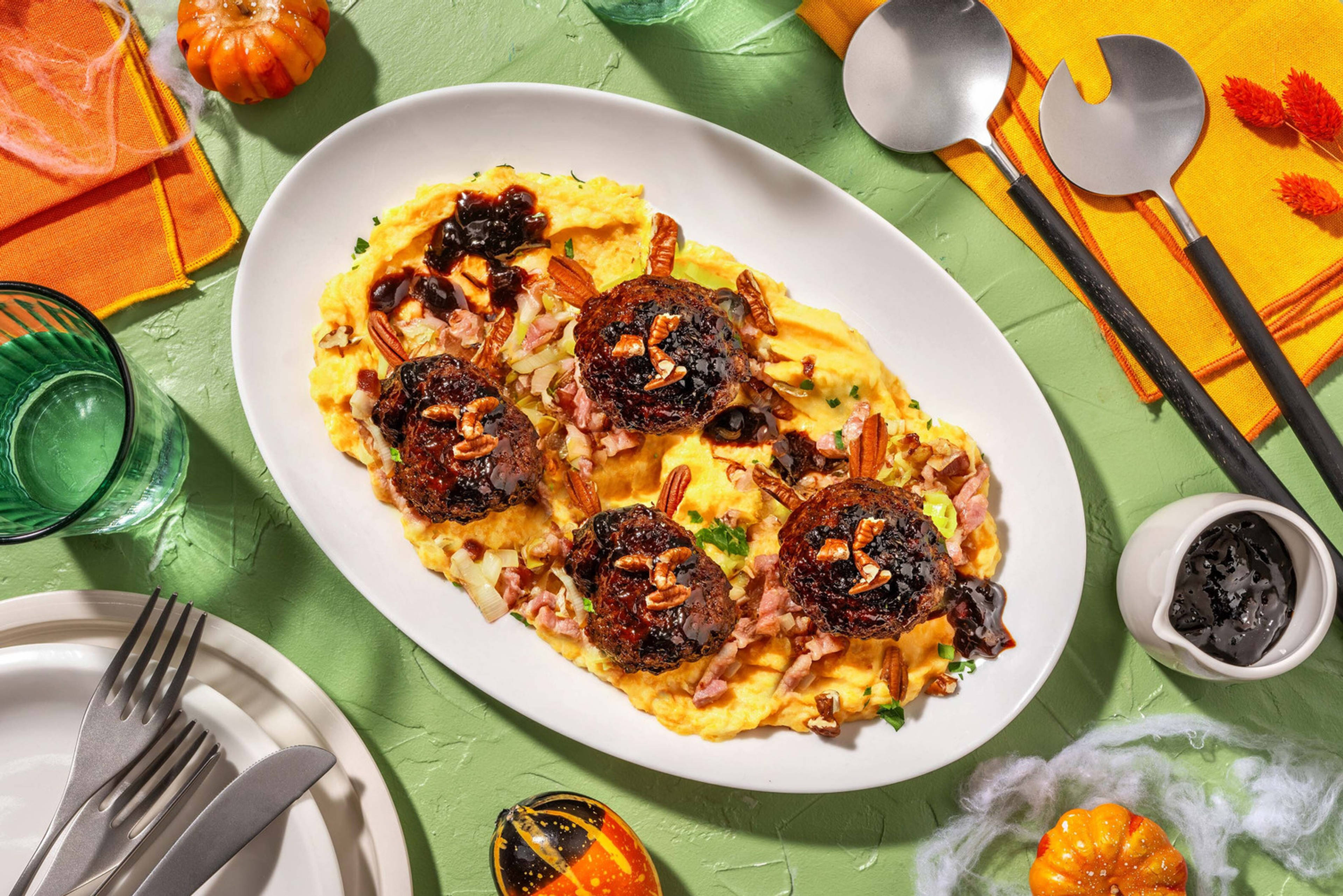 Griezelige gehaktballetjes met "bloed"saus van cranberry