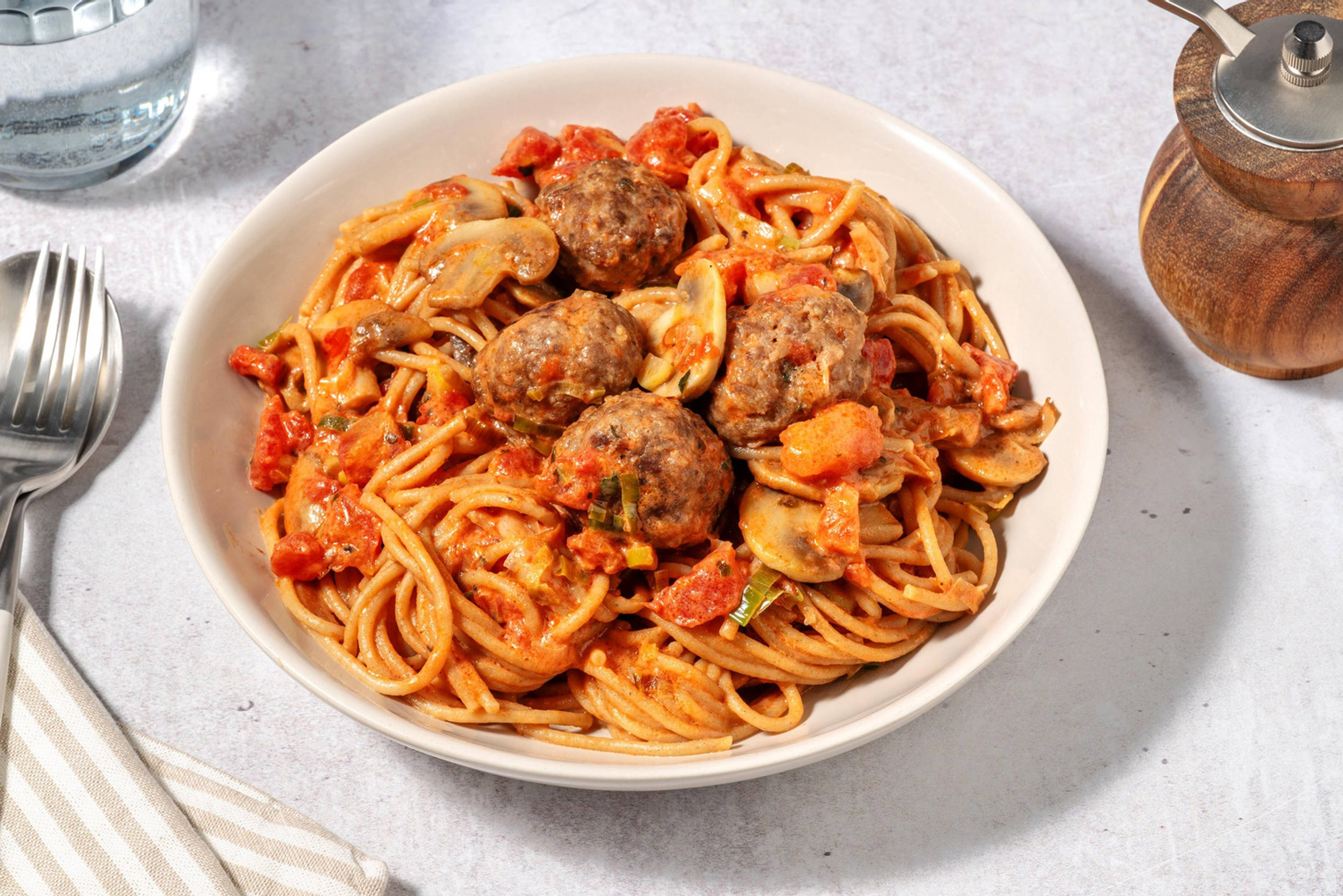 Spaghetti met gehaktballetjes in romige tomatensaus