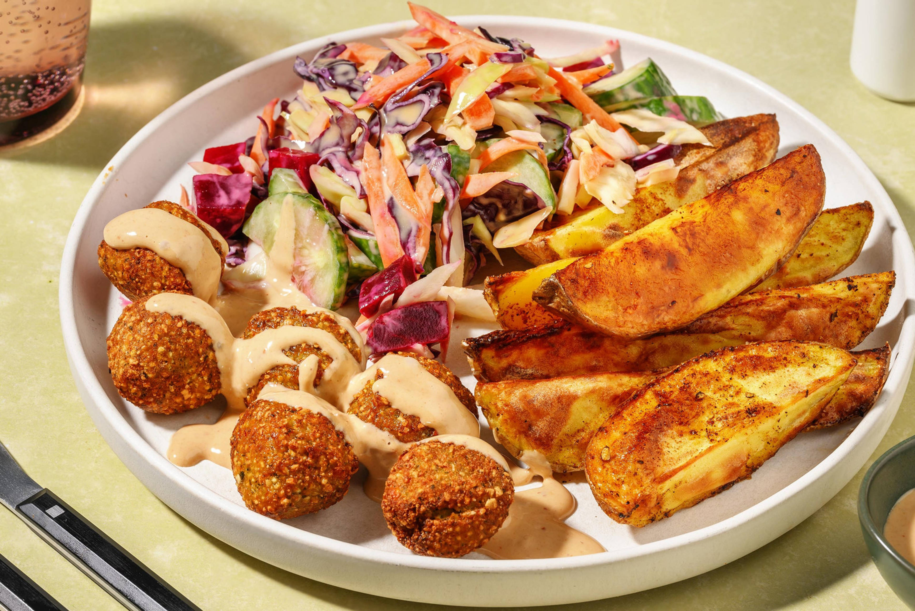 Fusion falafelbowl met chipotle-tahinsaus
