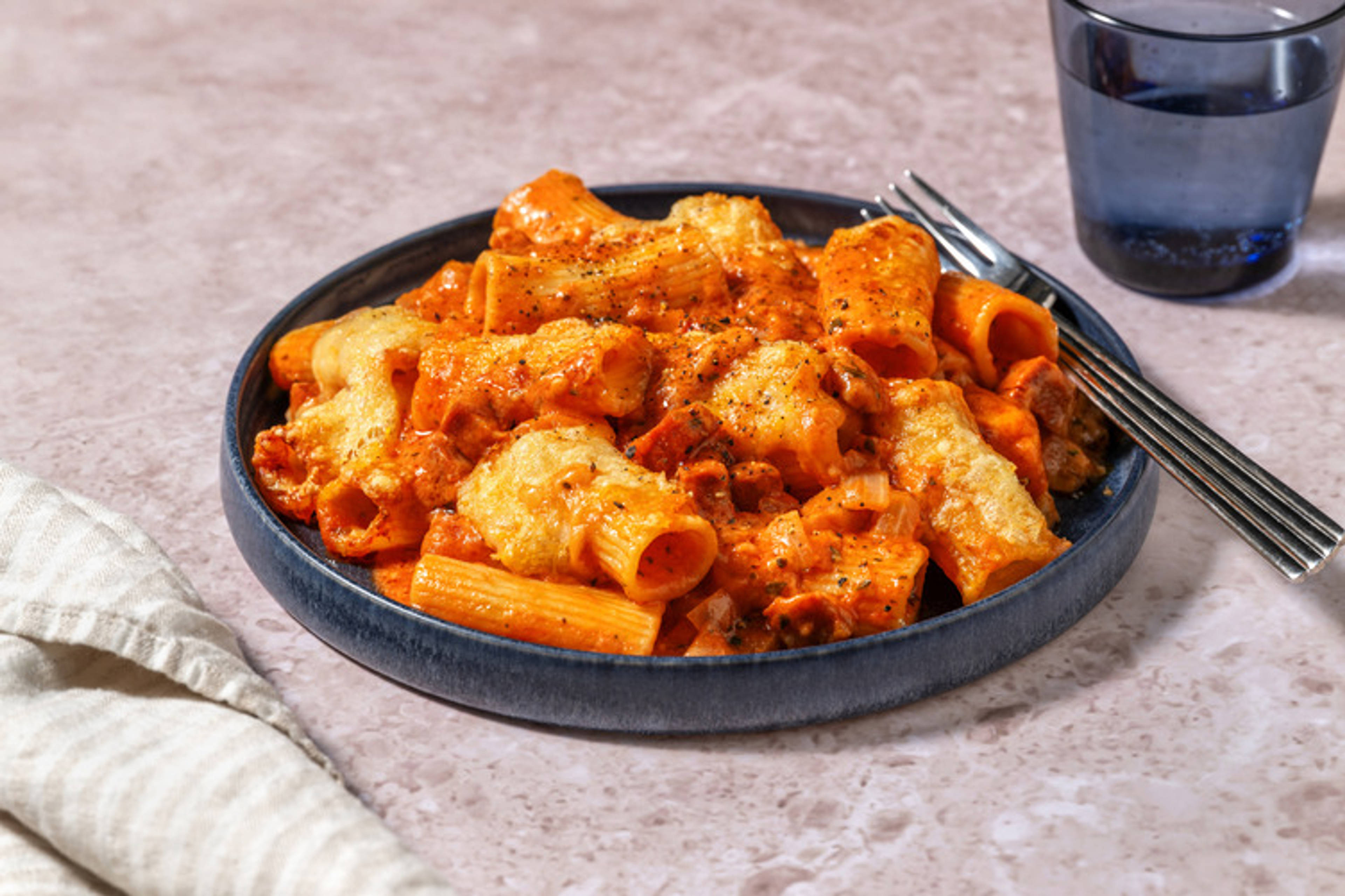 Rigatoni con chorizo y queso gratinado