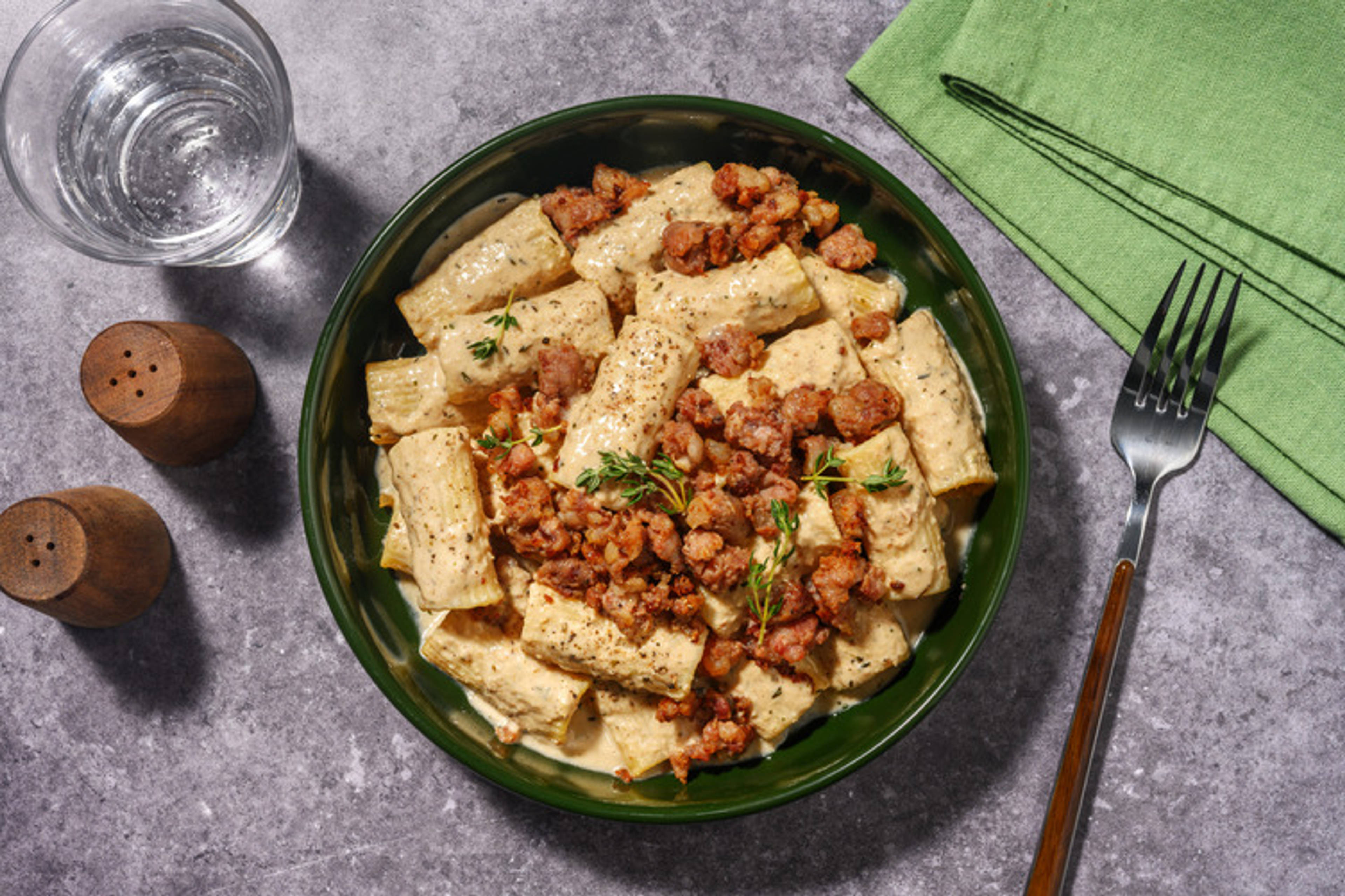 Tortiglioni golosi in crema di noci e salsiccia