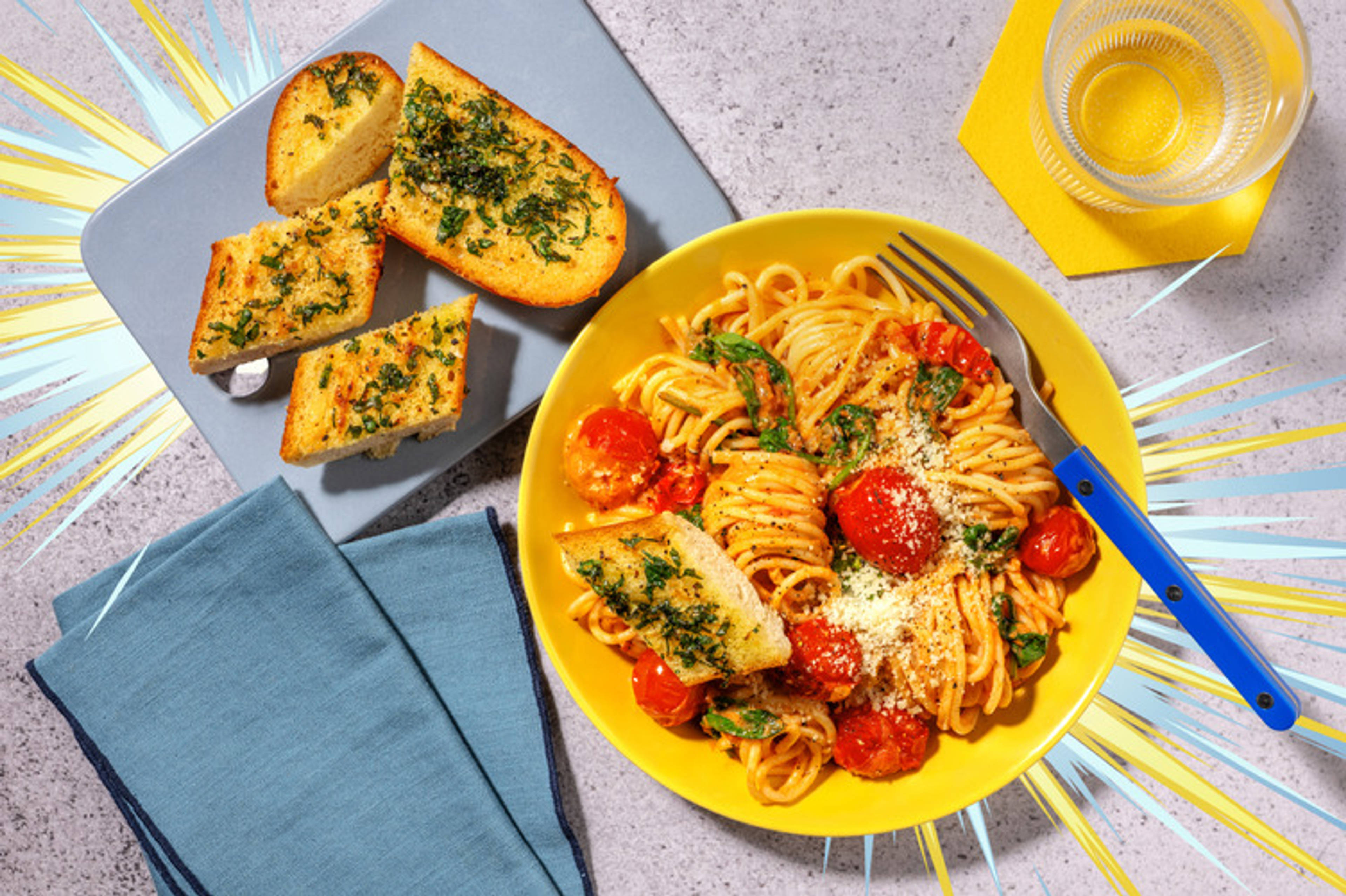 Lava-pasta med hvidløgsbrød