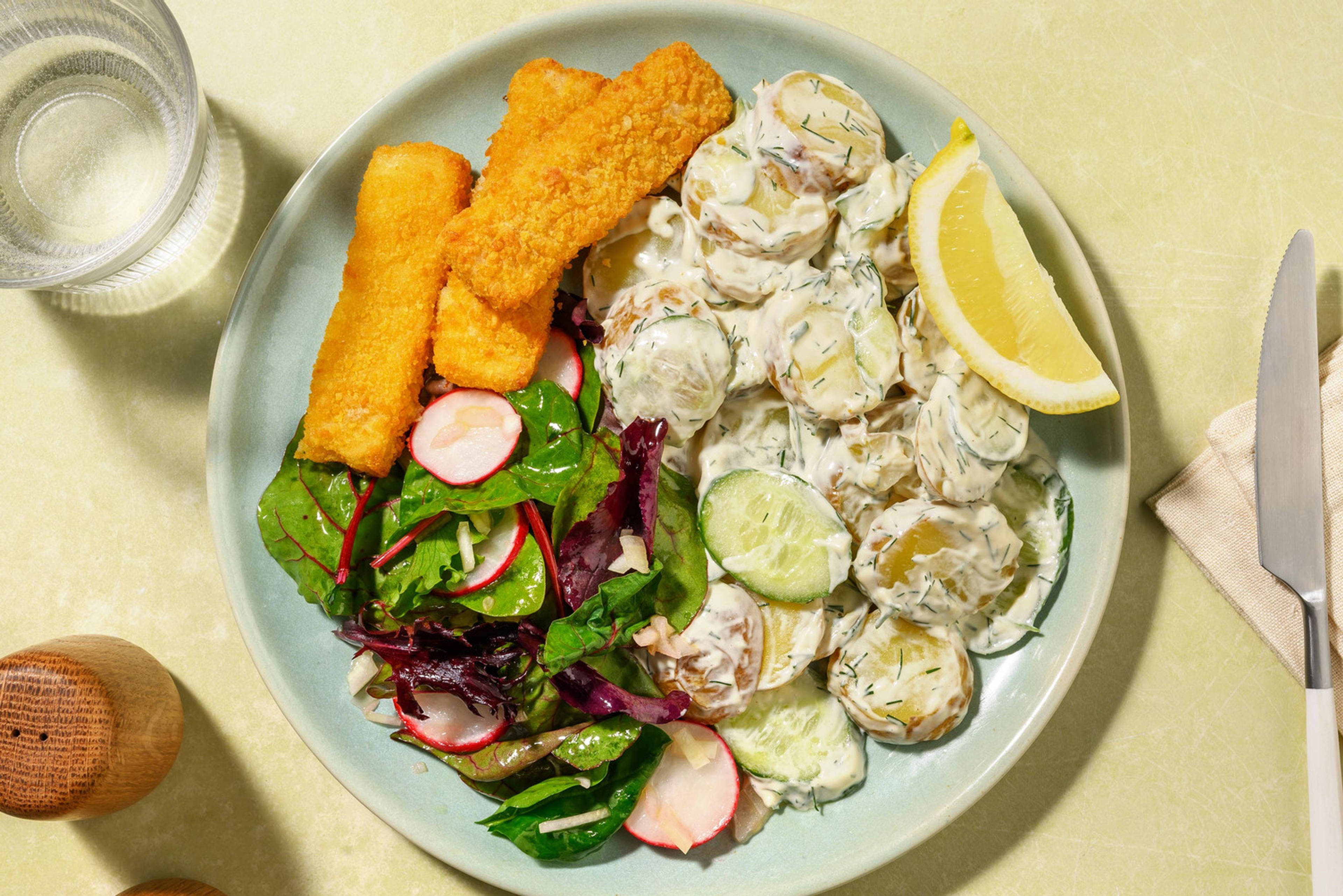 Plantaardige fish sticks met romige yoghurt-dille aardappelsalade