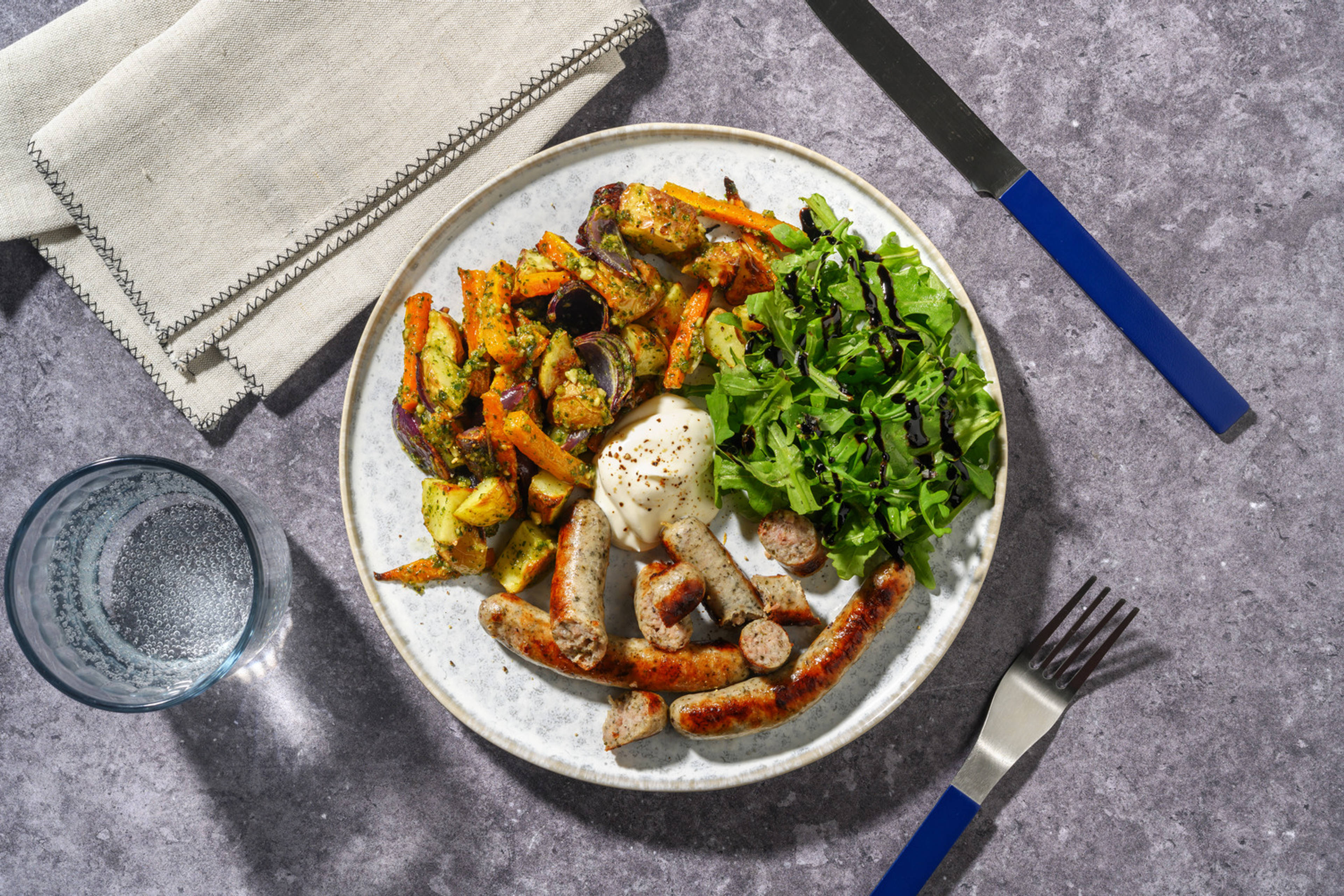 Italian Style Sausages and Pesto Roasted Veg