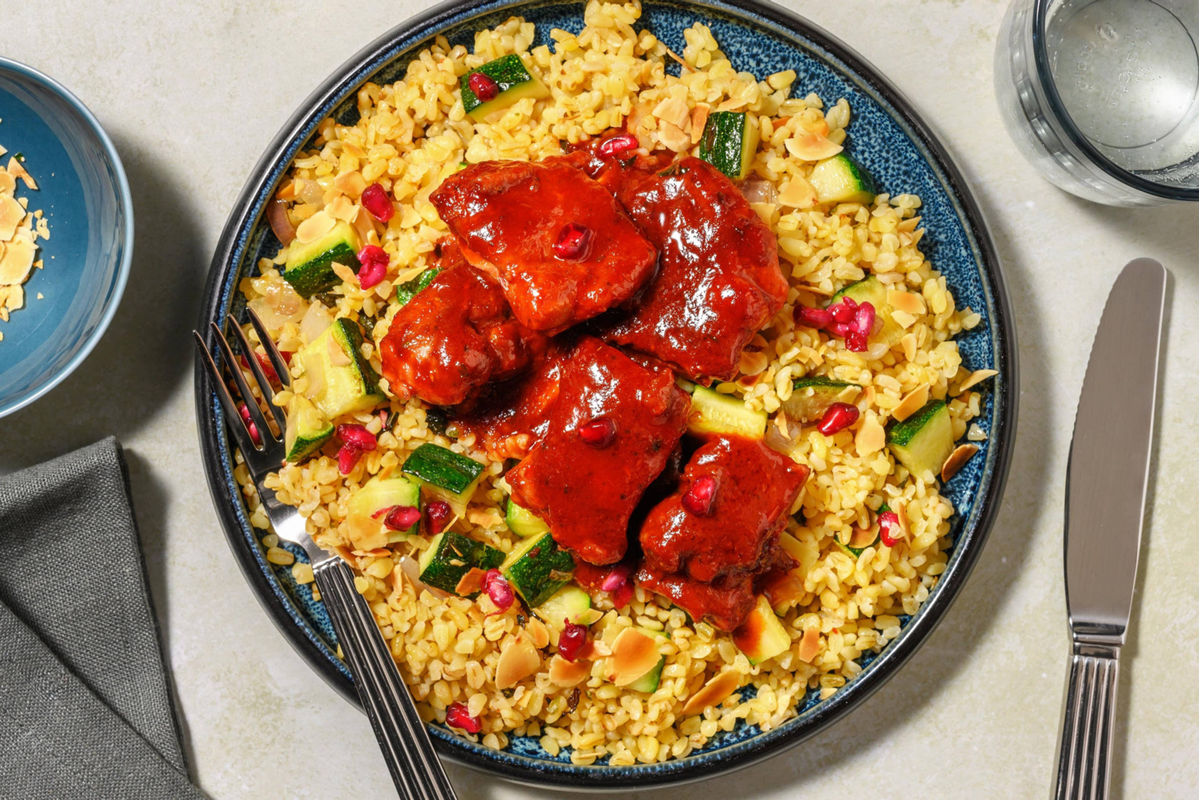 Kip in harissa-granaatappelsaus met amandelschaafsel