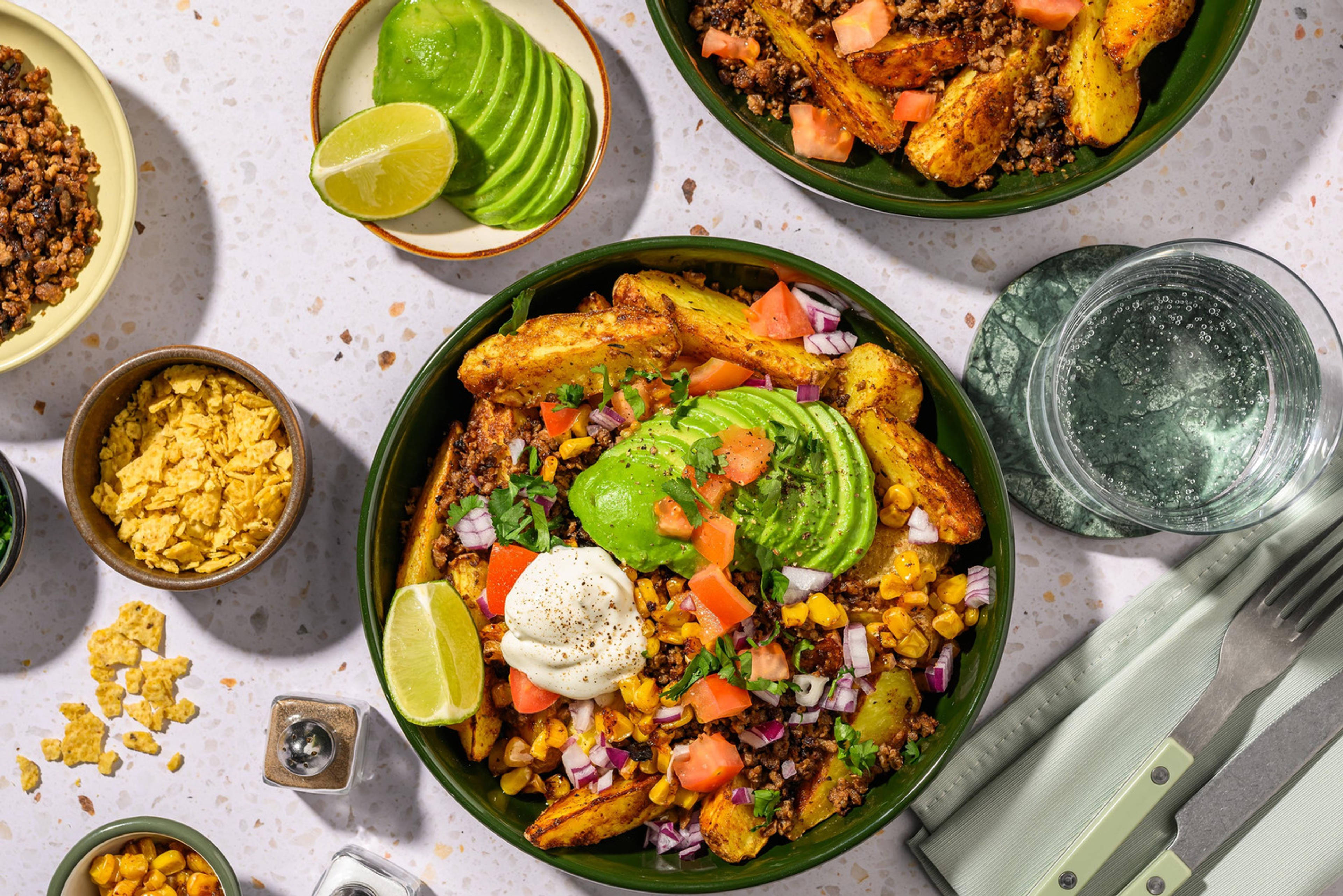 Mexi-kartofler og vegetariske toppings 