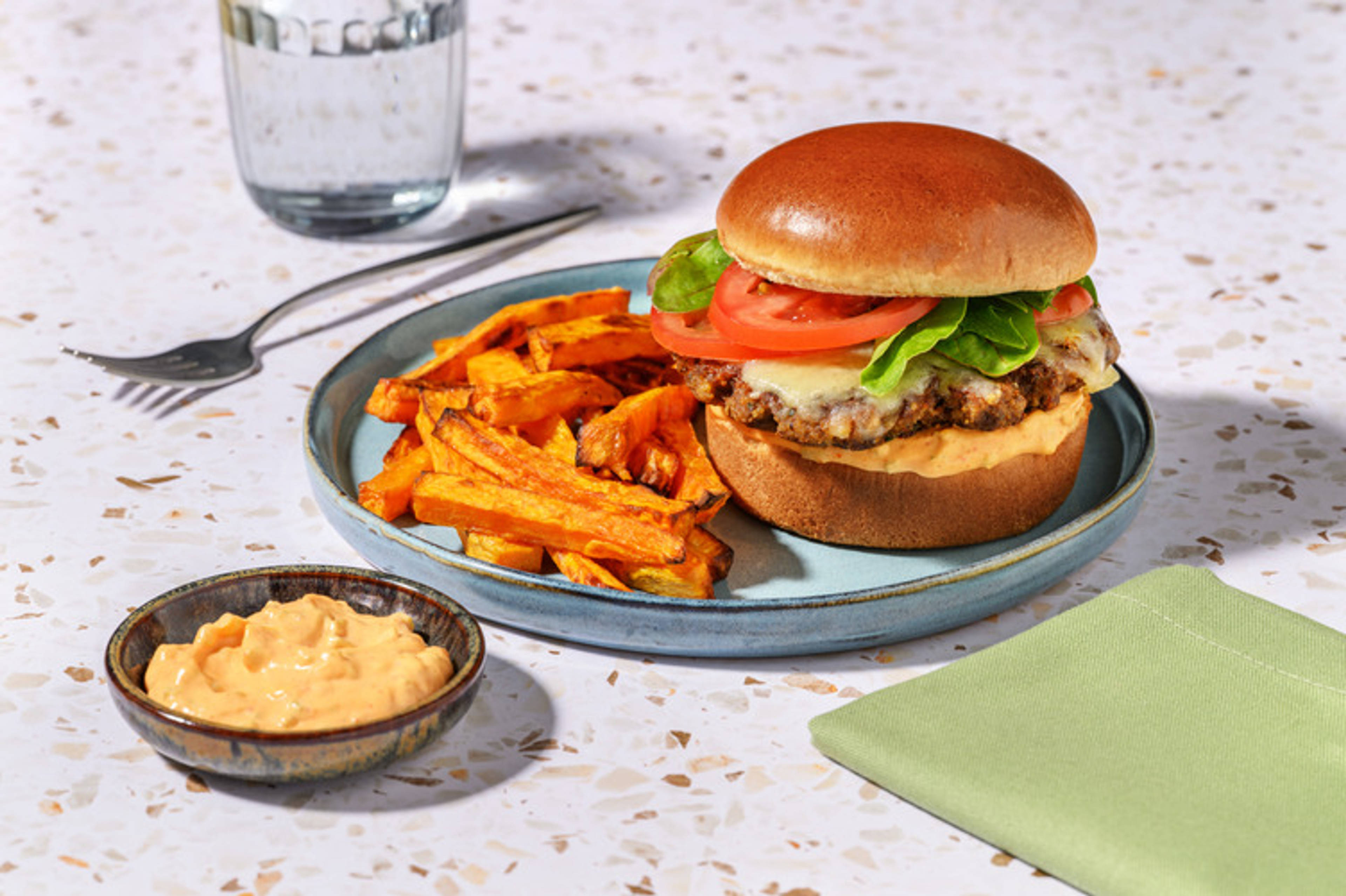 Classic Pork Burger & Sweet Potato Fries