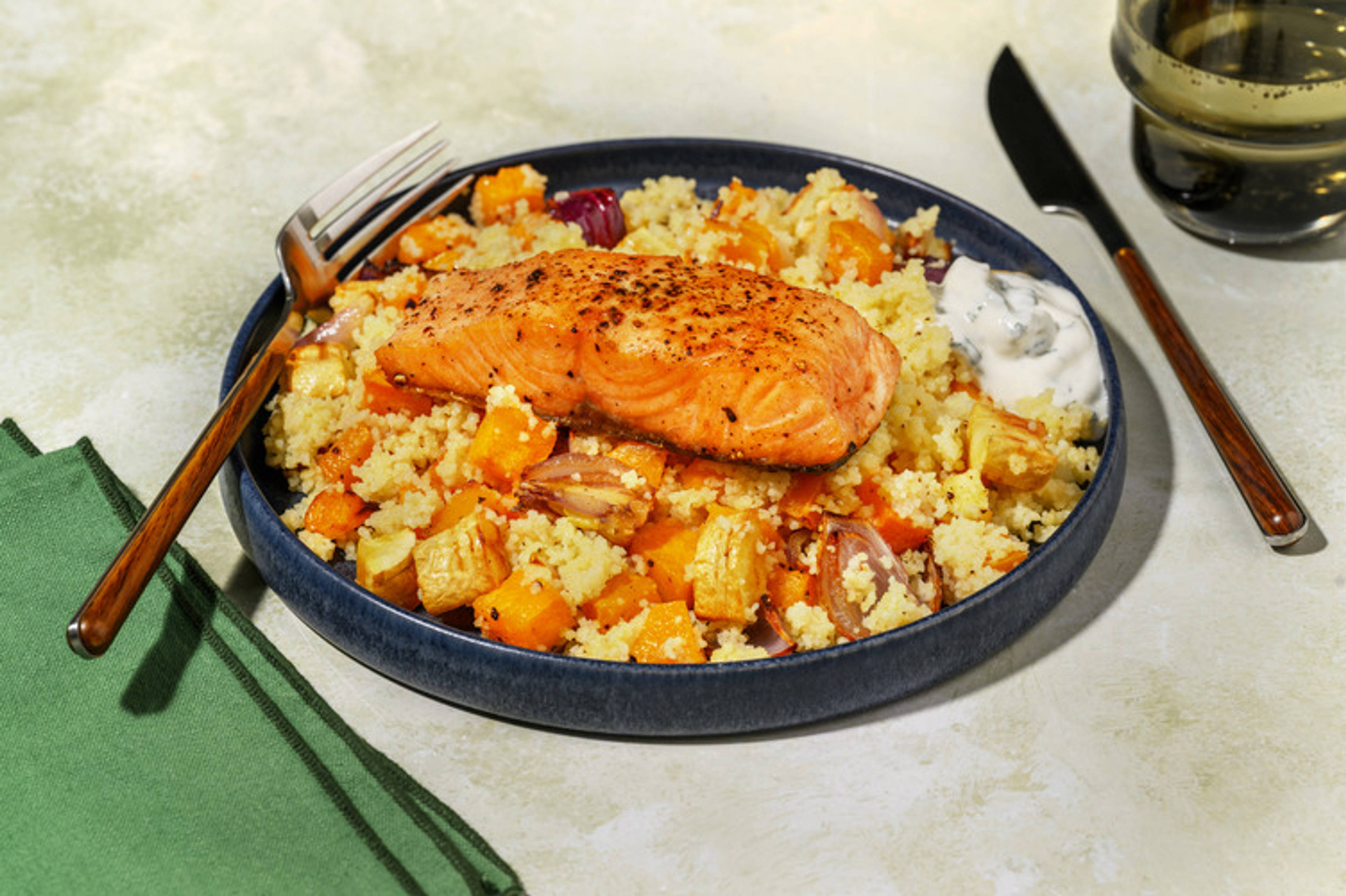 Honey-Glazed Salmon & Roast Veggie Couscous
