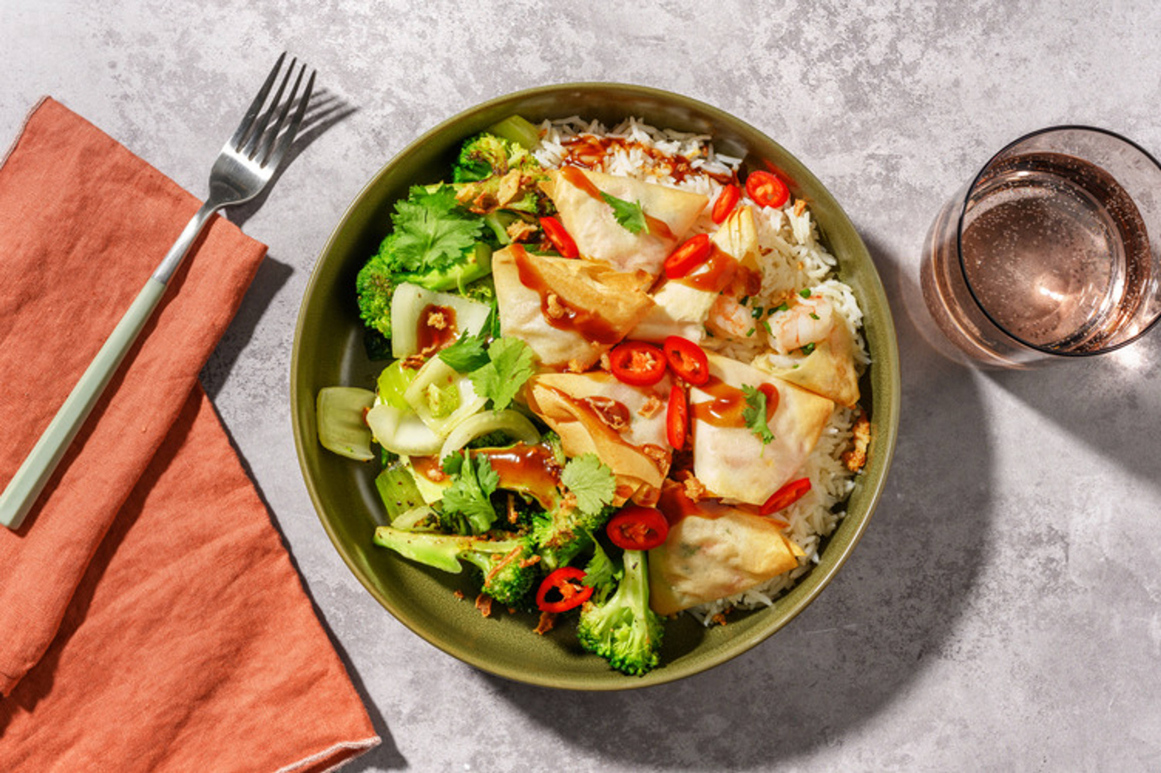 Sticky Prawn Wontons & Garlic Rice