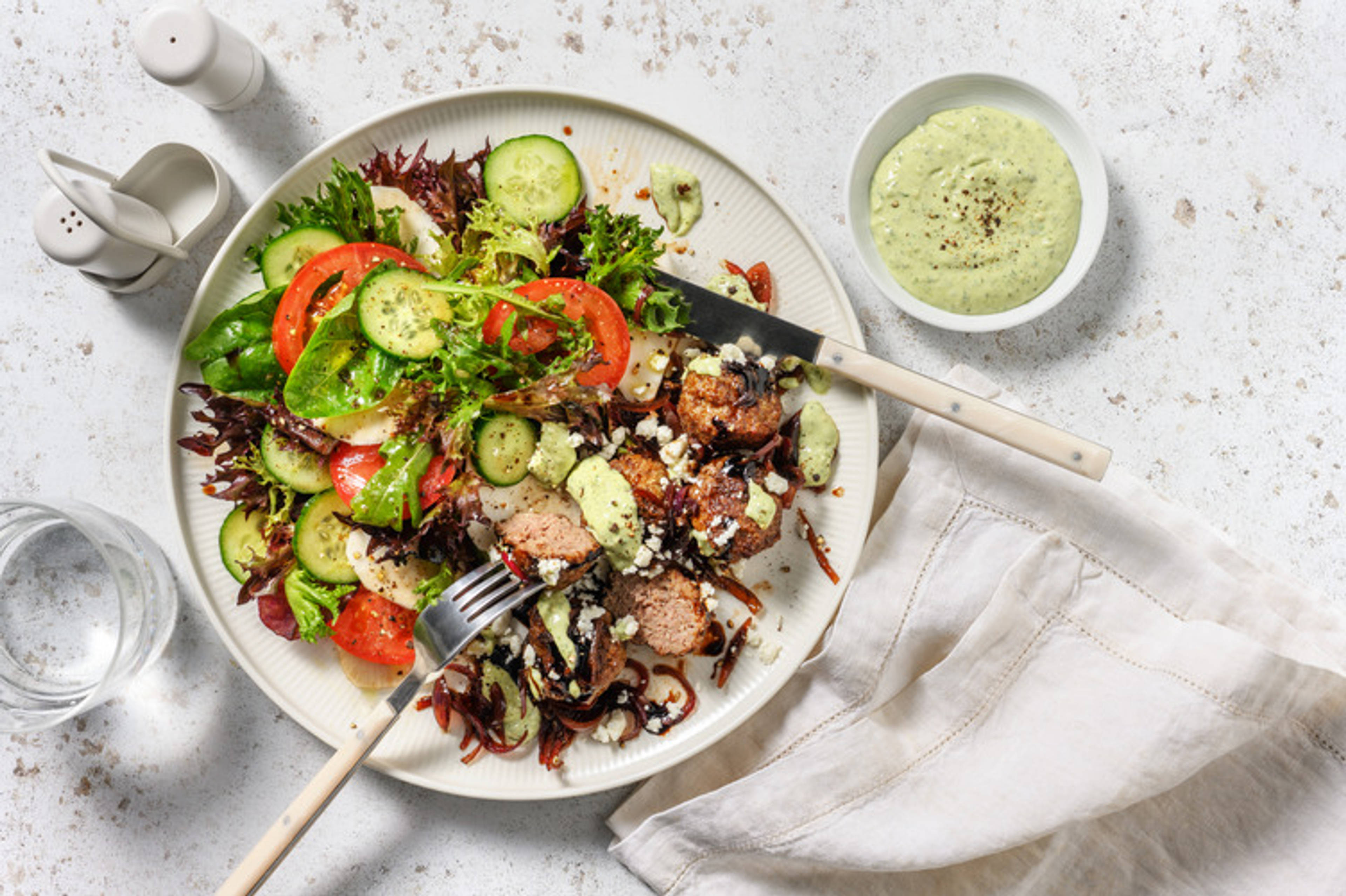 Mediterranean Beef Meatballs & Garden Salad