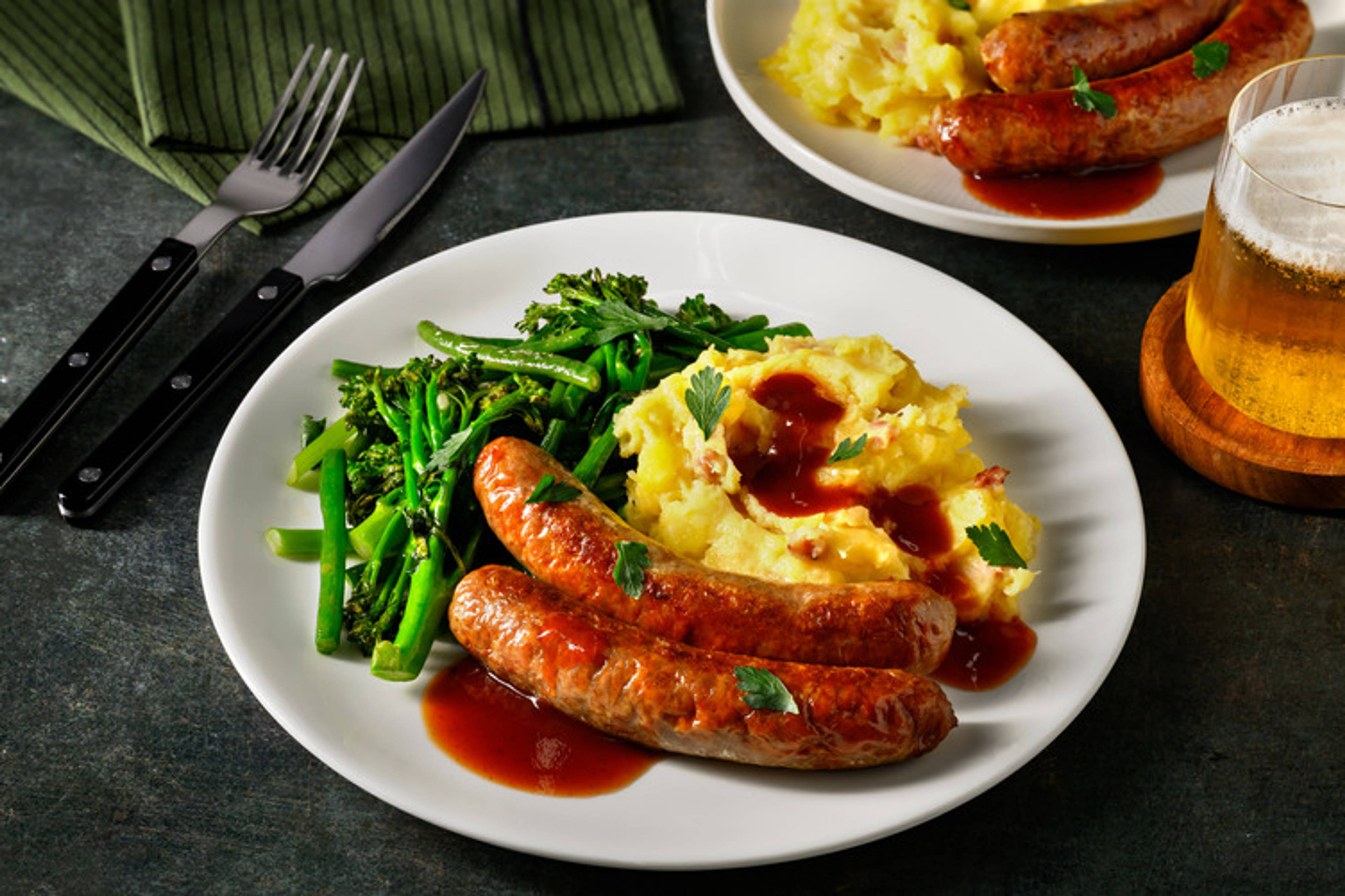 Sticky Pork Sausages & Parmesan-Bacon Mash