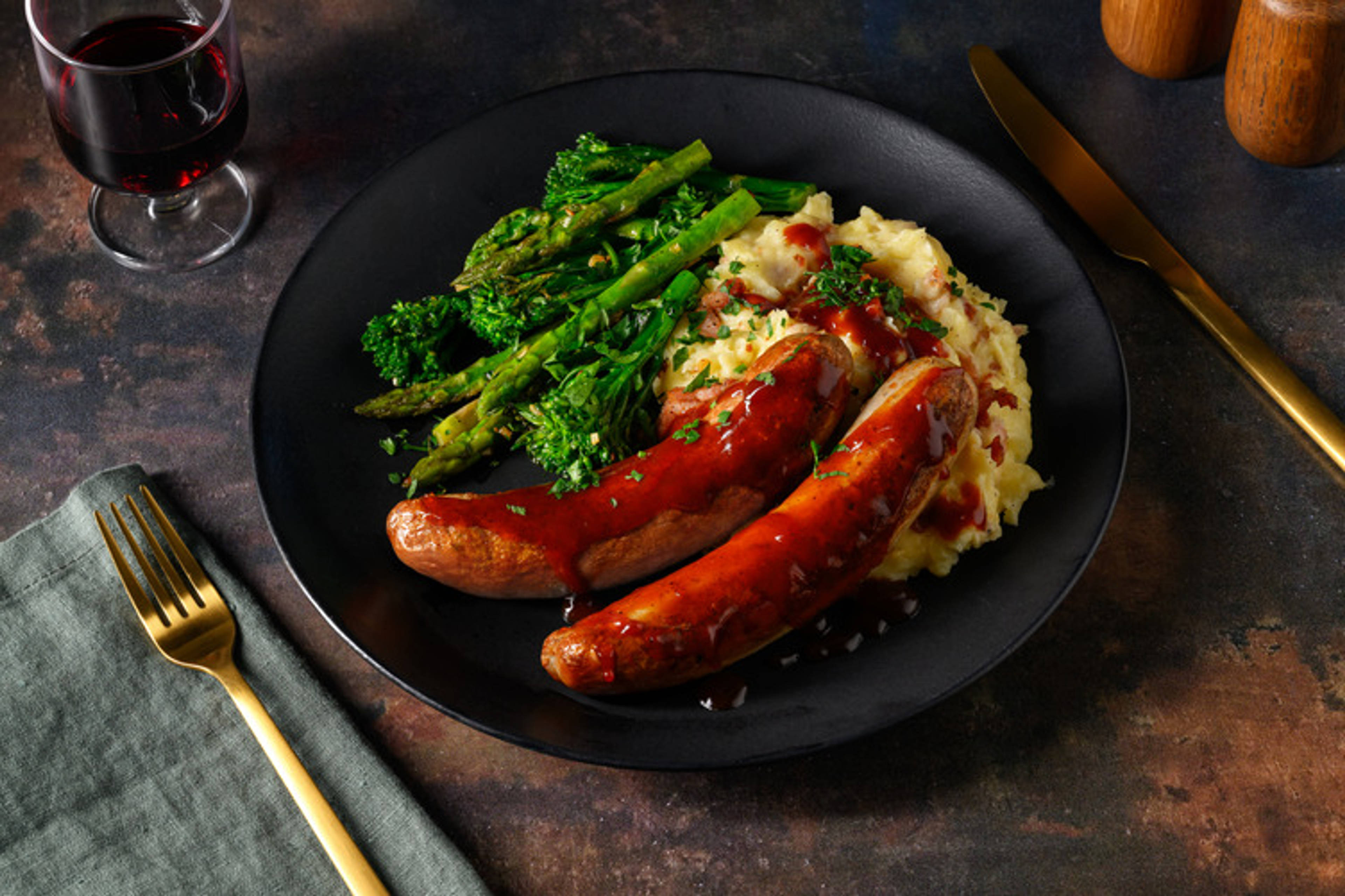Saucy Pork Sausages & Parmesan-Bacon Mash