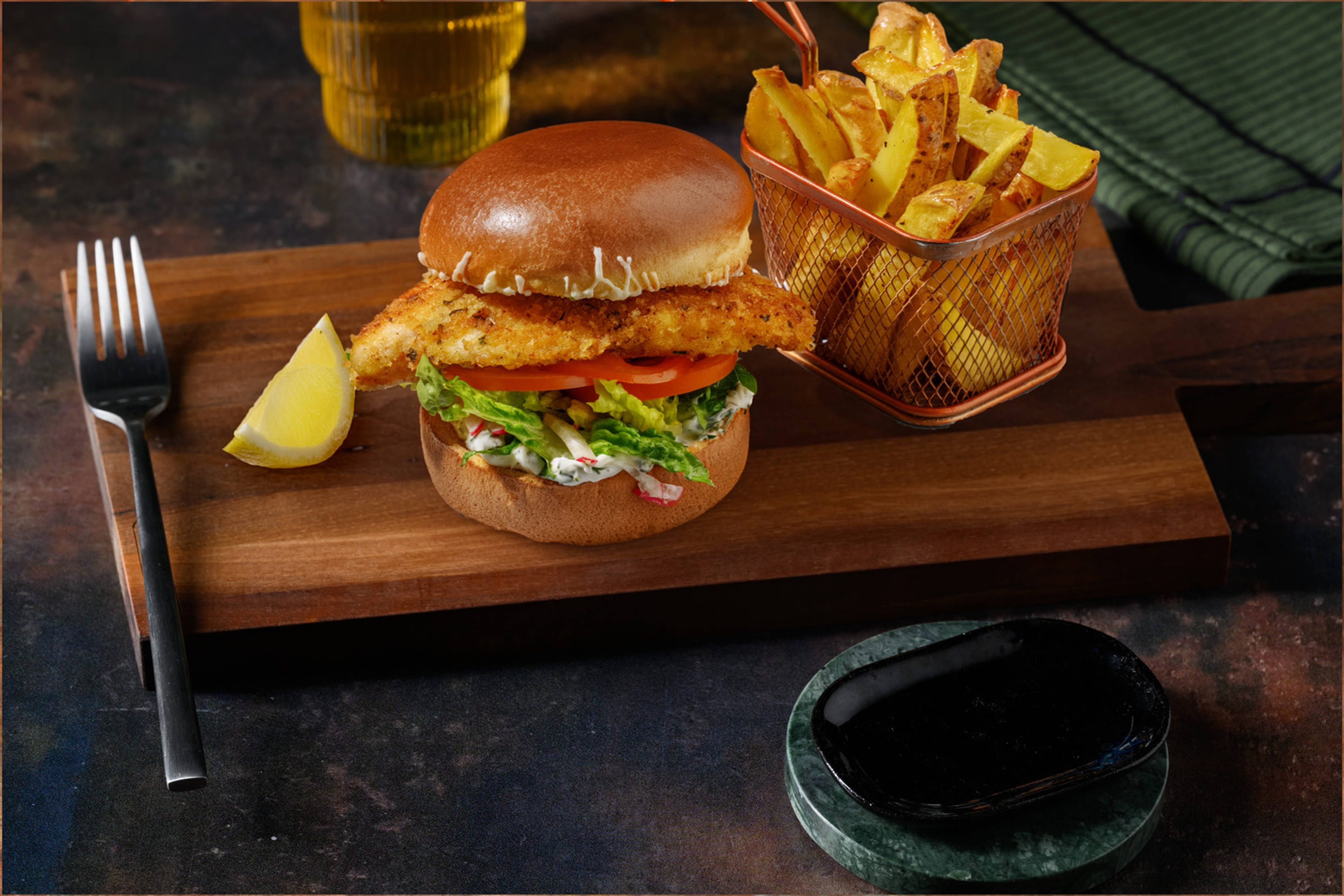 Louisiana Crumbed White Fish Burger & Fries 