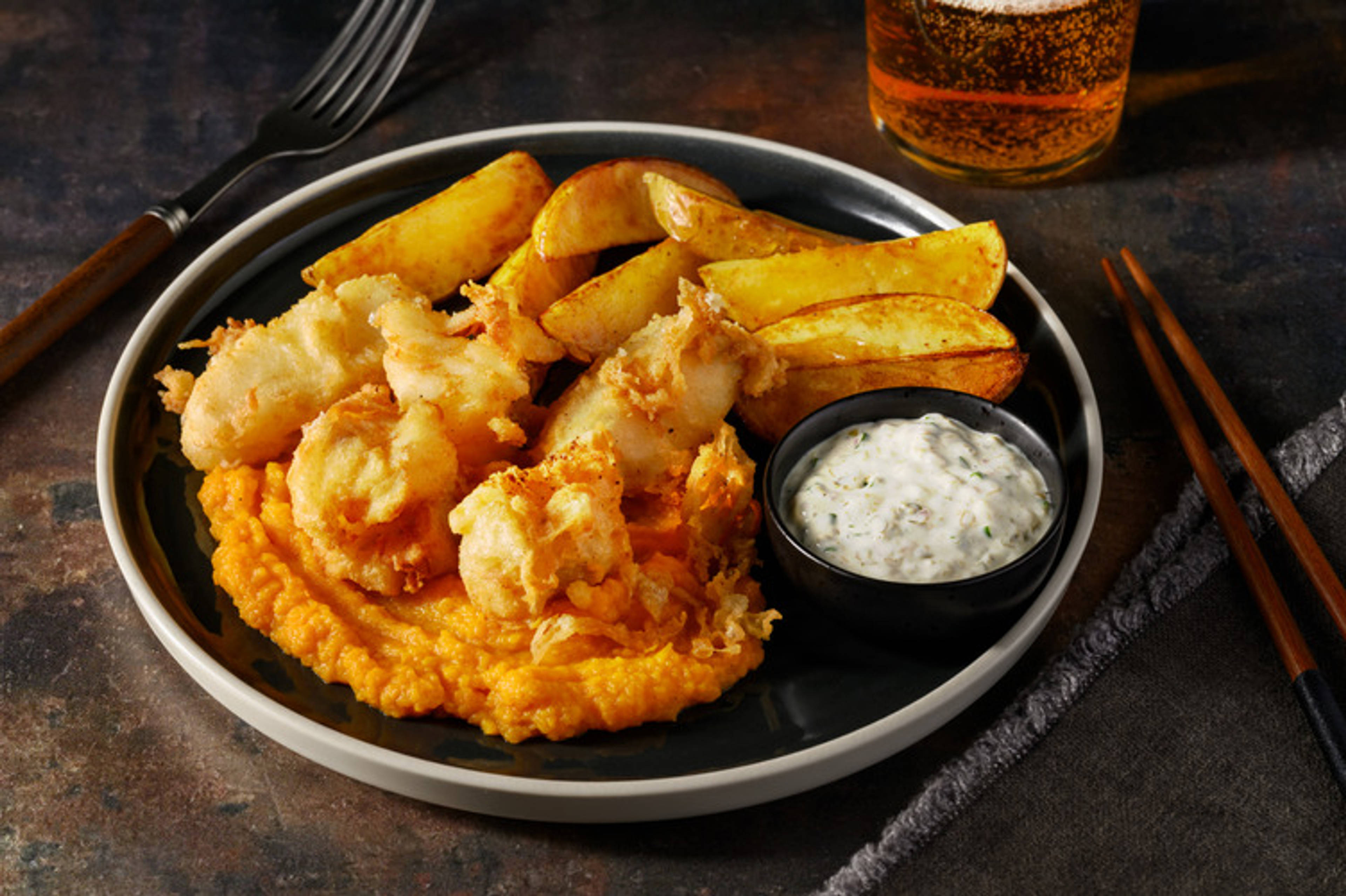 Tempura di merluzzo e purè di zucca e zenzero