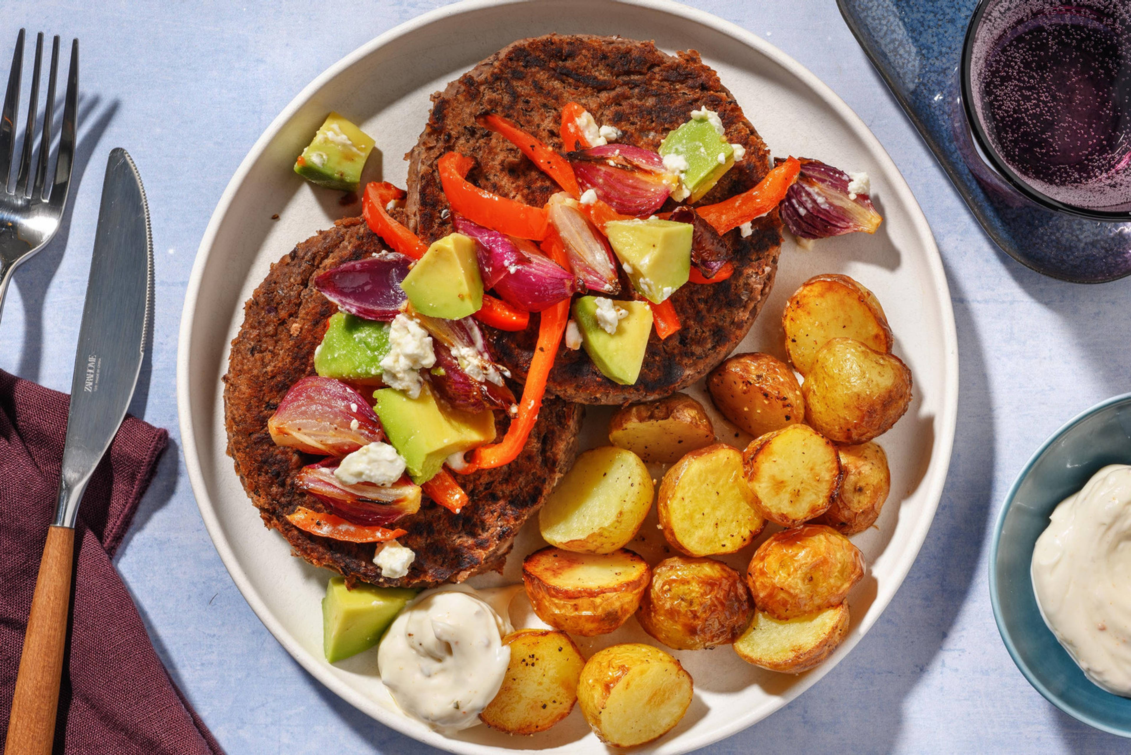 Zwartebonenburger met chipotle, avocado en witte kaas