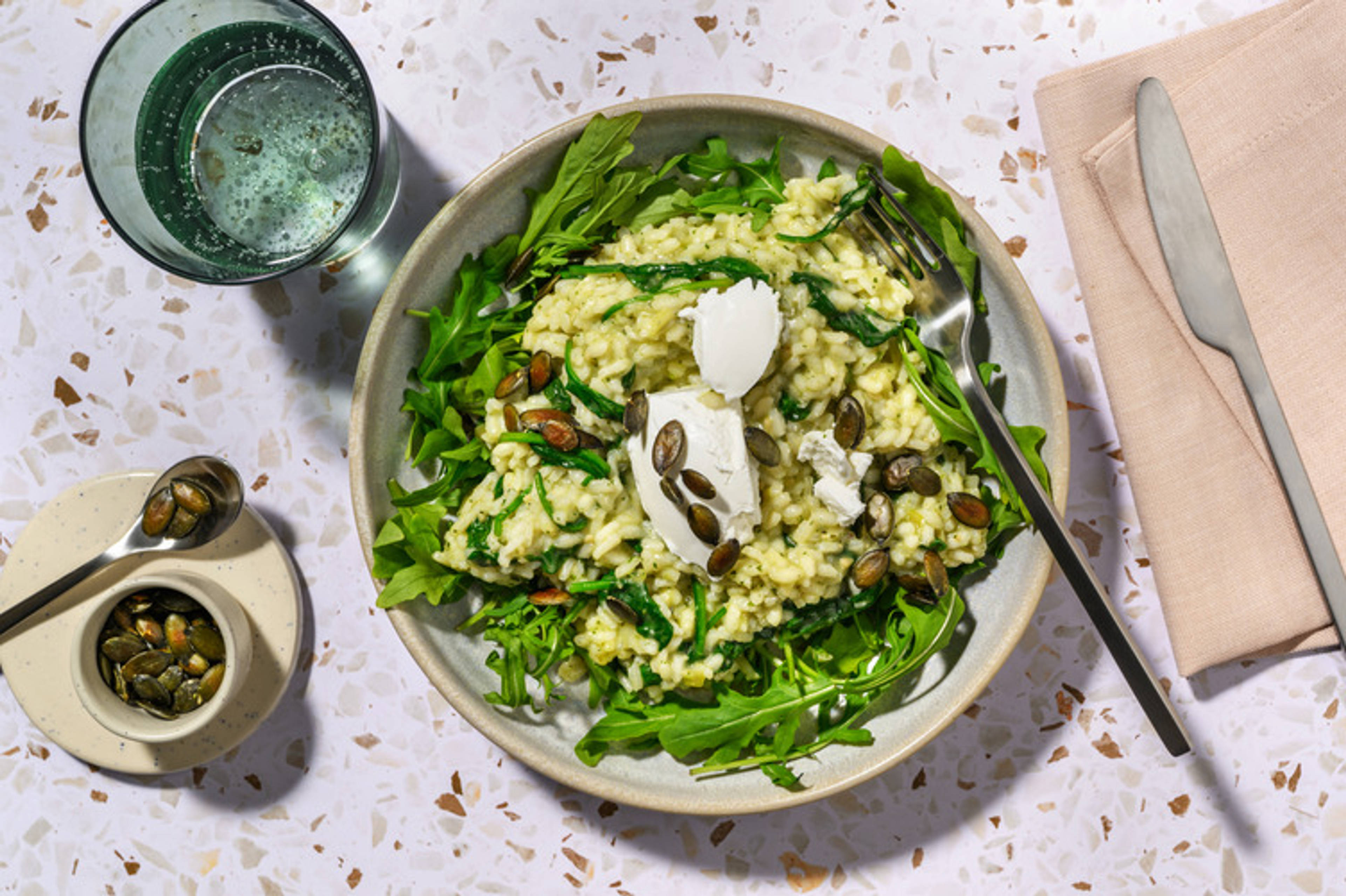 Risotto verde au pesto, chèvre & citron